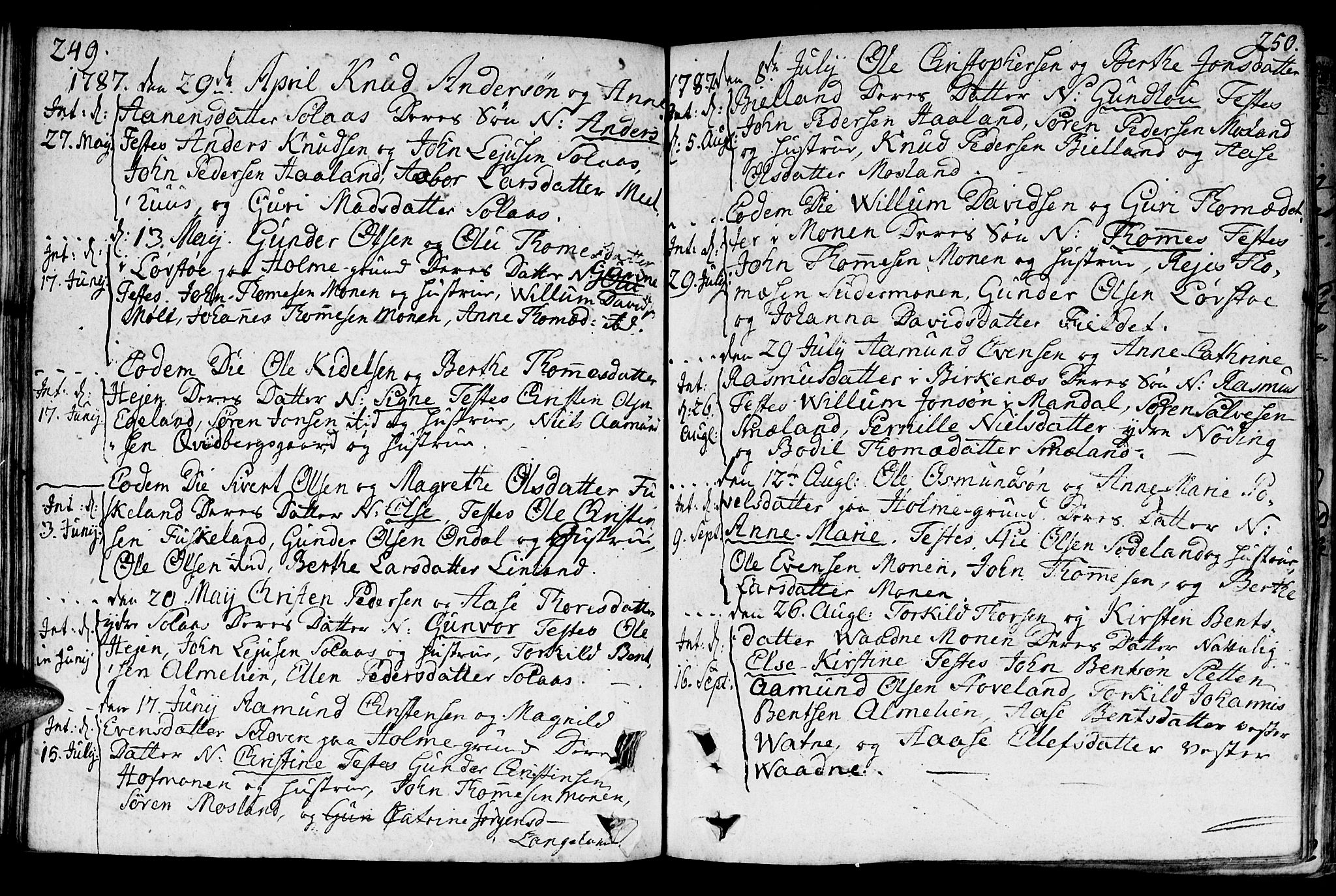 Holum sokneprestkontor, AV/SAK-1111-0022/F/Fa/Faa/L0003: Parish register (official) no. A 3, 1780-1821, p. 249-250