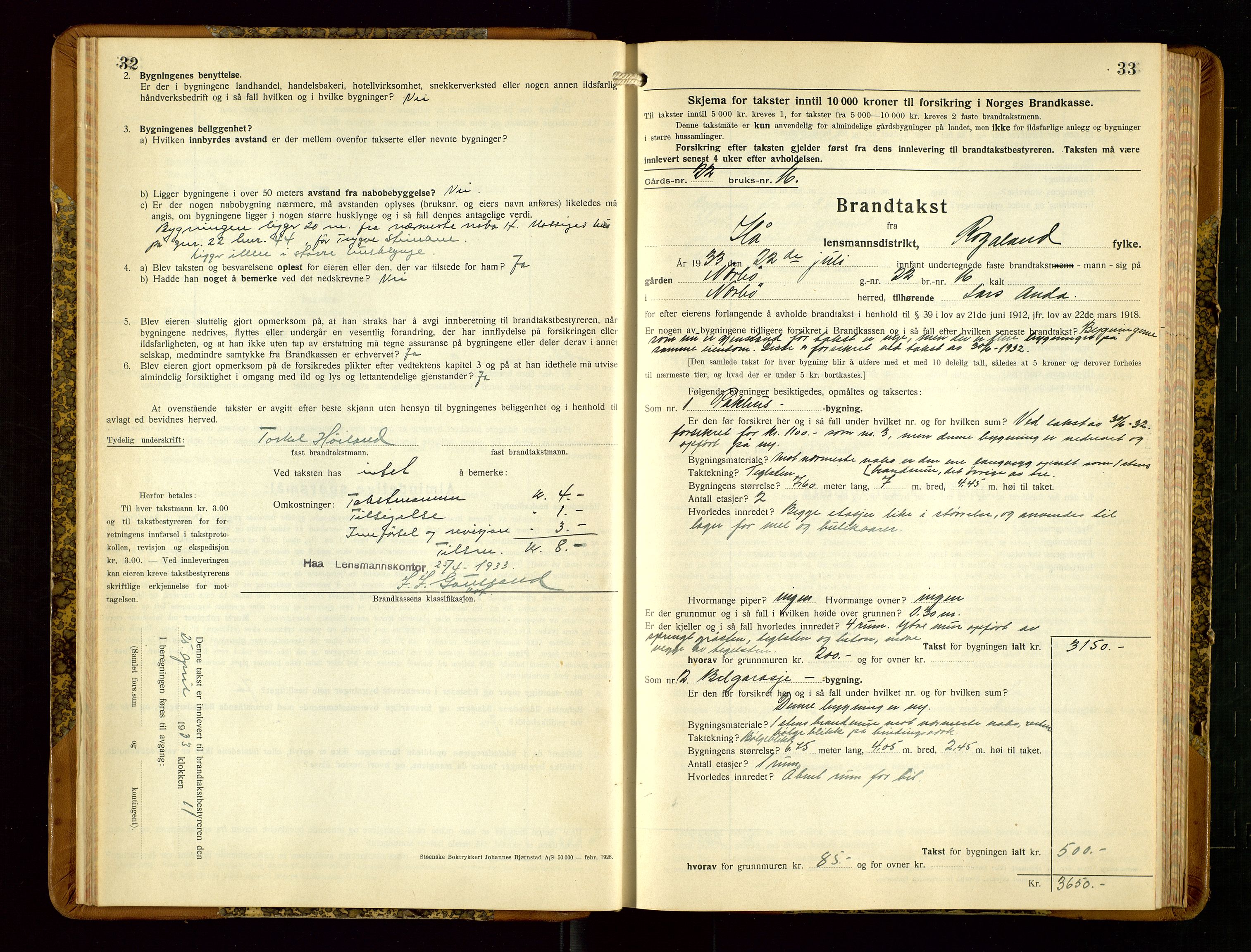 Hå lensmannskontor, AV/SAST-A-100456/Goa/L0006: Takstprotokoll (skjema), 1932-1938, p. 32-33