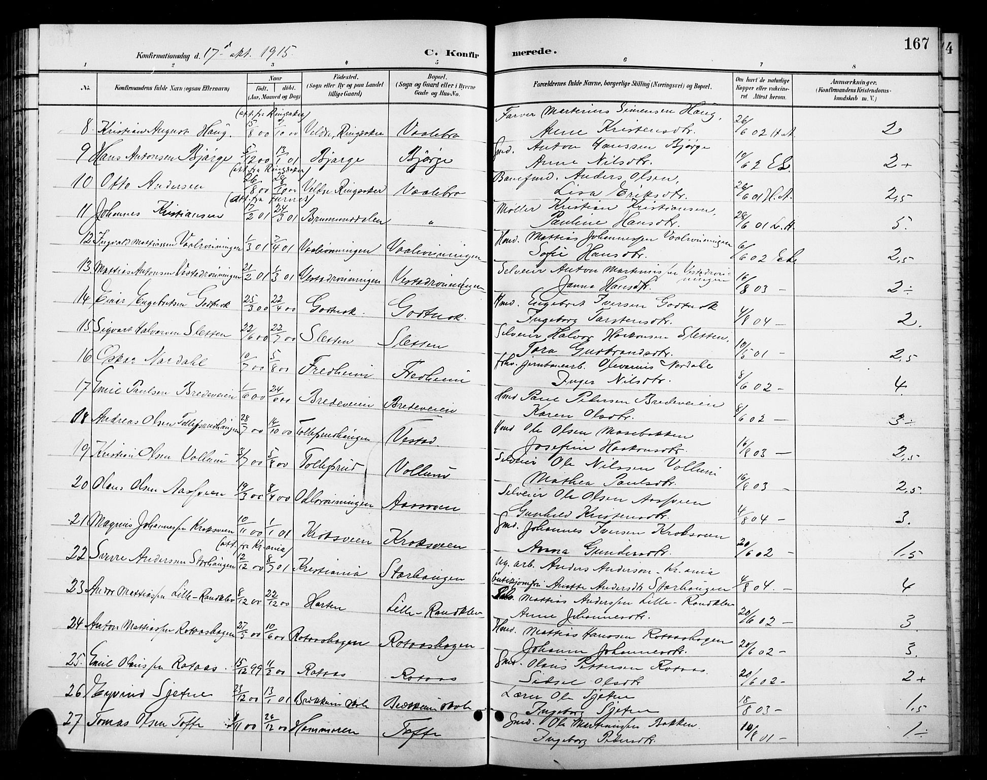 Ringebu prestekontor, AV/SAH-PREST-082/H/Ha/Hab/L0009: Parish register (copy) no. 9, 1899-1921, p. 167