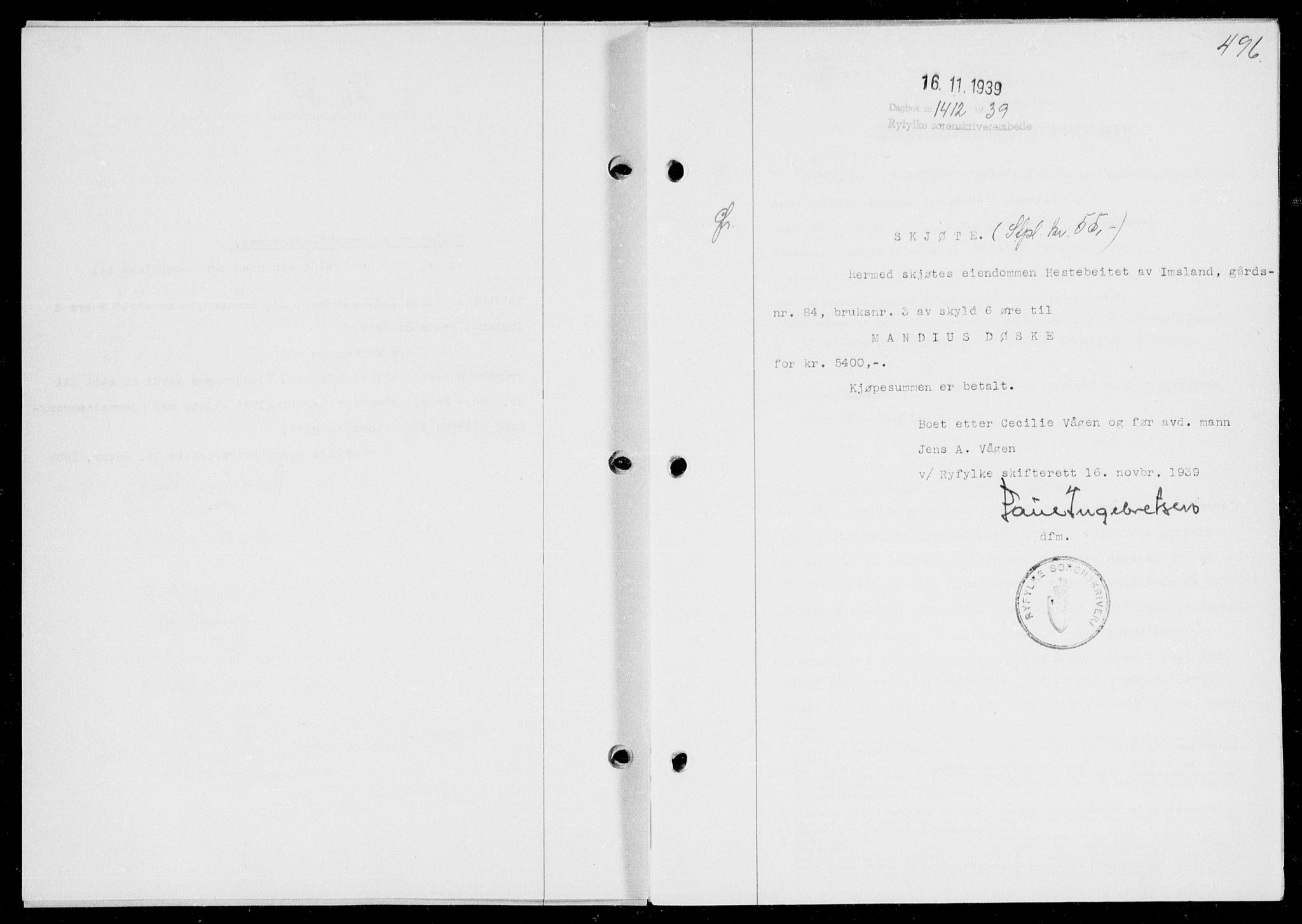 Ryfylke tingrett, SAST/A-100055/001/II/IIB/L0080: Mortgage book no. 59, 1939-1939, Diary no: : 1412/1939