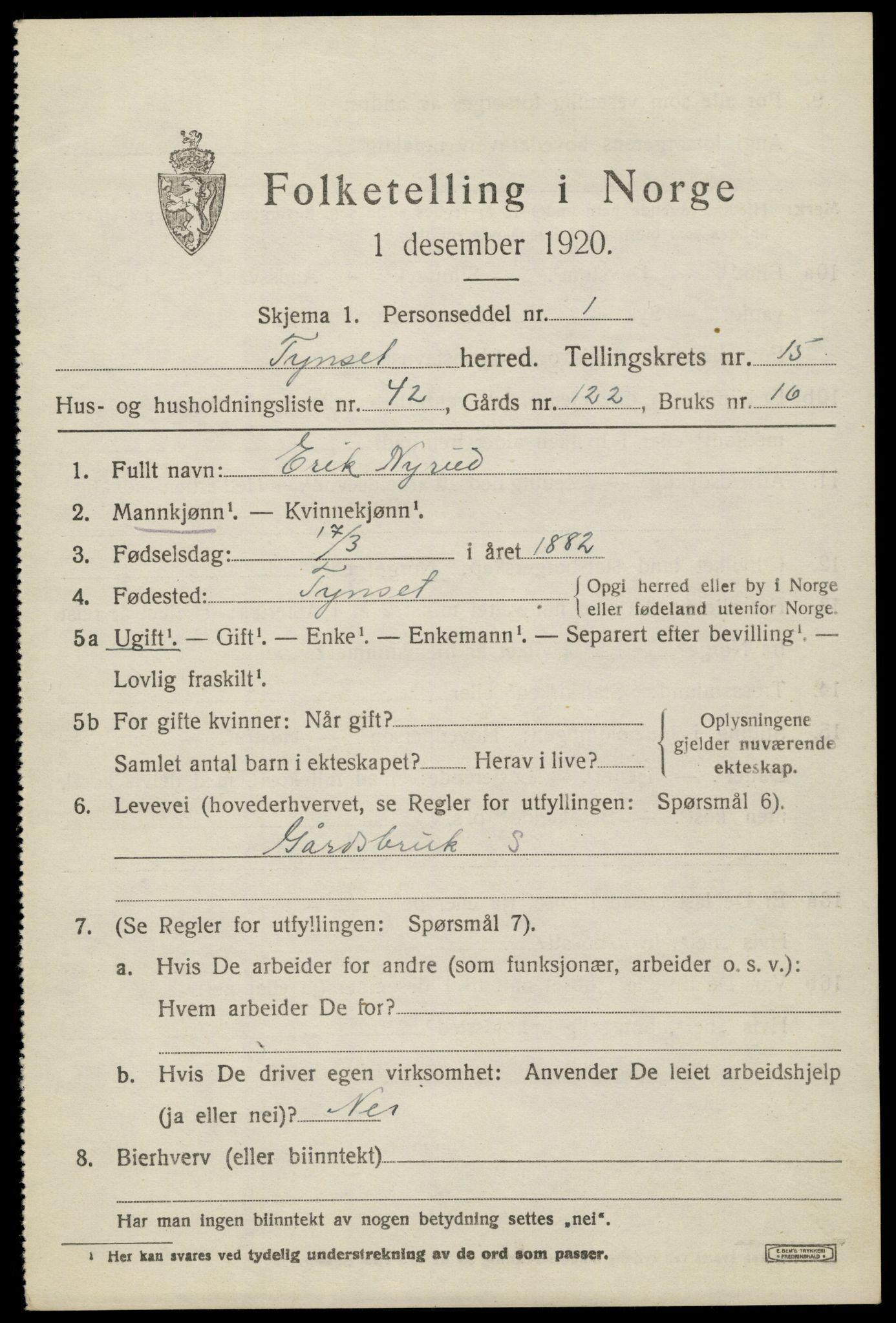 SAH, 1920 census for Tynset, 1920, p. 9672