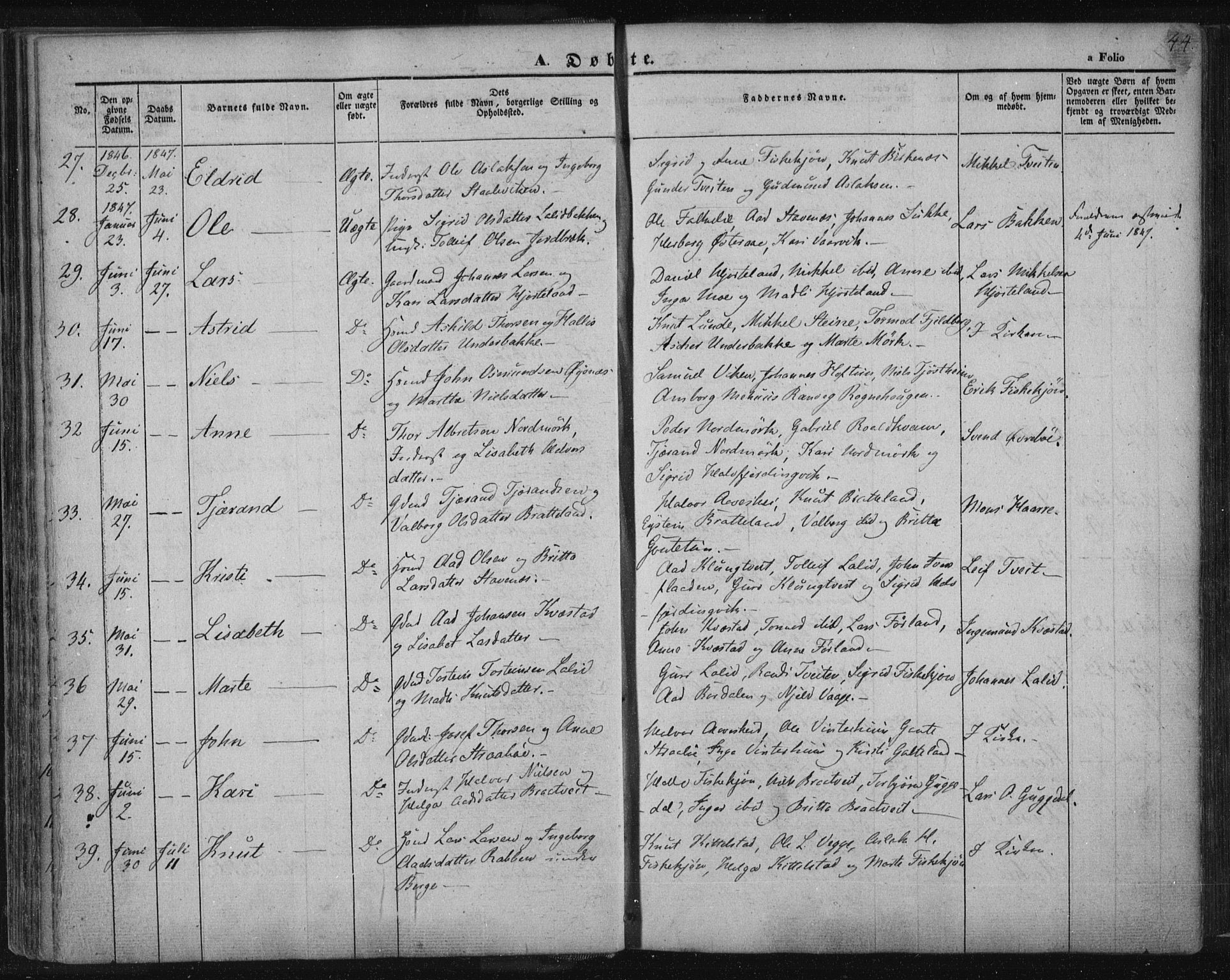 Suldal sokneprestkontor, AV/SAST-A-101845/01/IV/L0008: Parish register (official) no. A 8, 1836-1853, p. 44