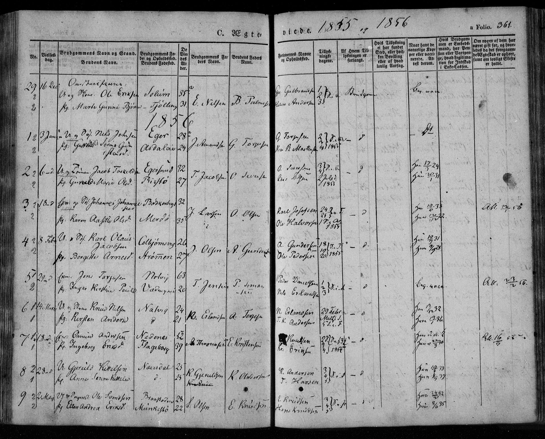 Øyestad sokneprestkontor, SAK/1111-0049/F/Fa/L0014: Parish register (official) no. A 14, 1843-1856, p. 361