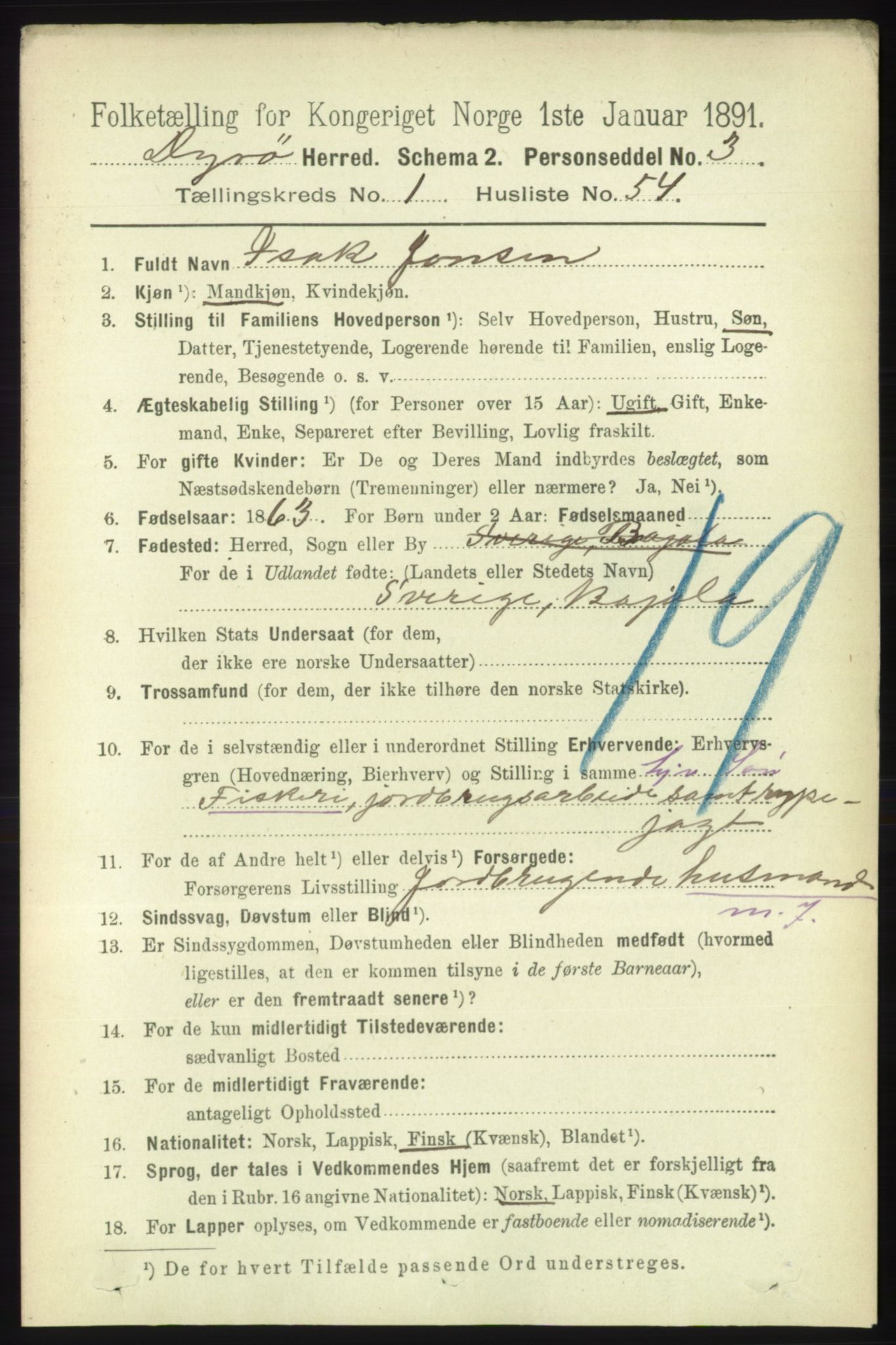 RA, 1891 census for 1926 Dyrøy, 1891, p. 400