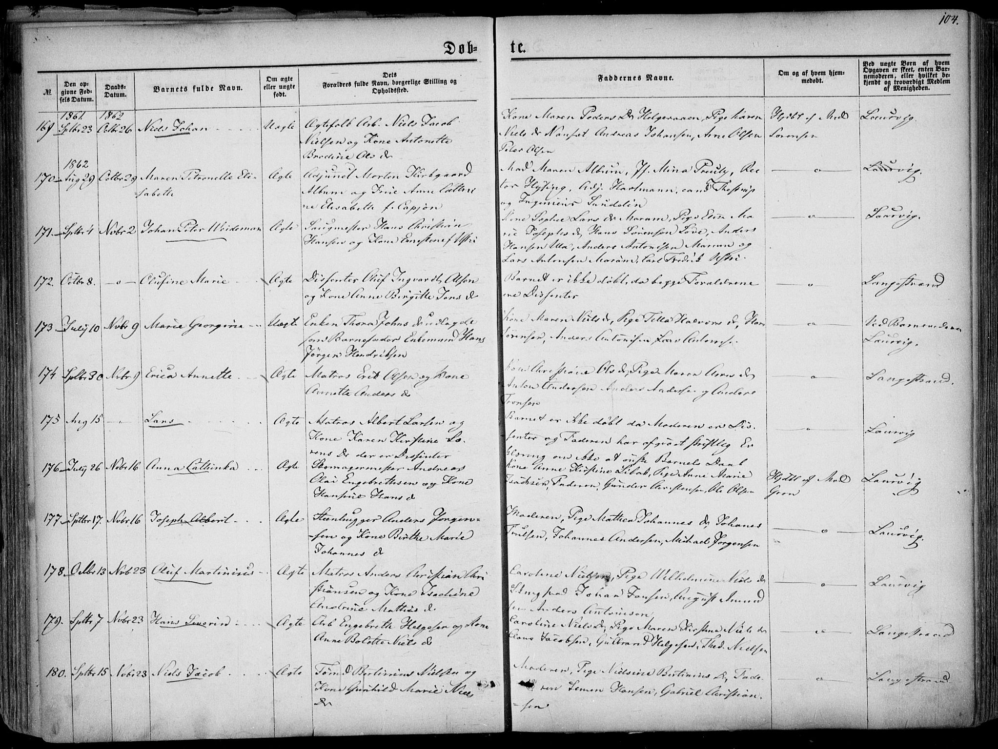 Larvik kirkebøker, SAKO/A-352/F/Fa/L0004: Parish register (official) no. I 4, 1856-1870, p. 104
