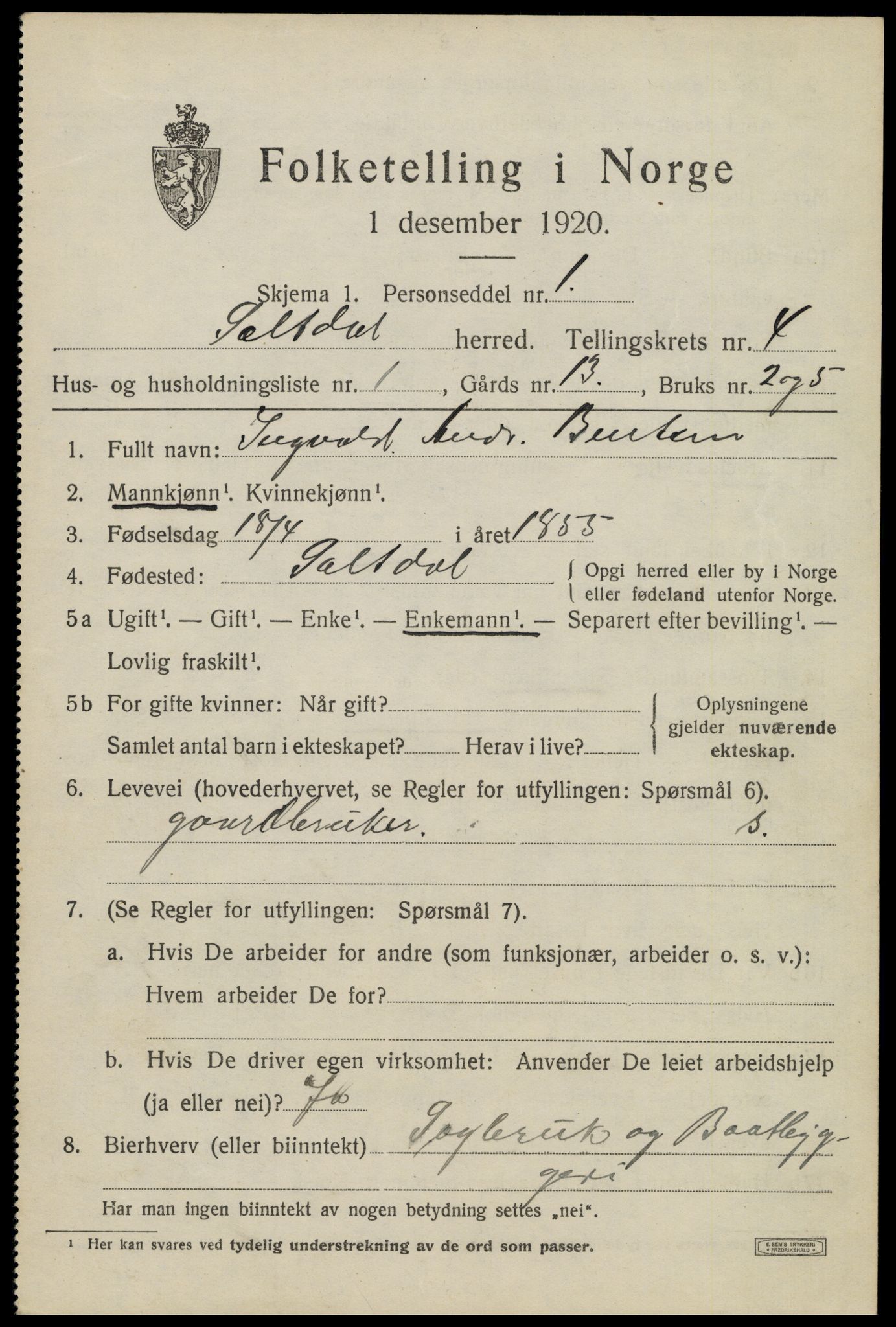 SAT, 1920 census for Saltdal, 1920, p. 5619