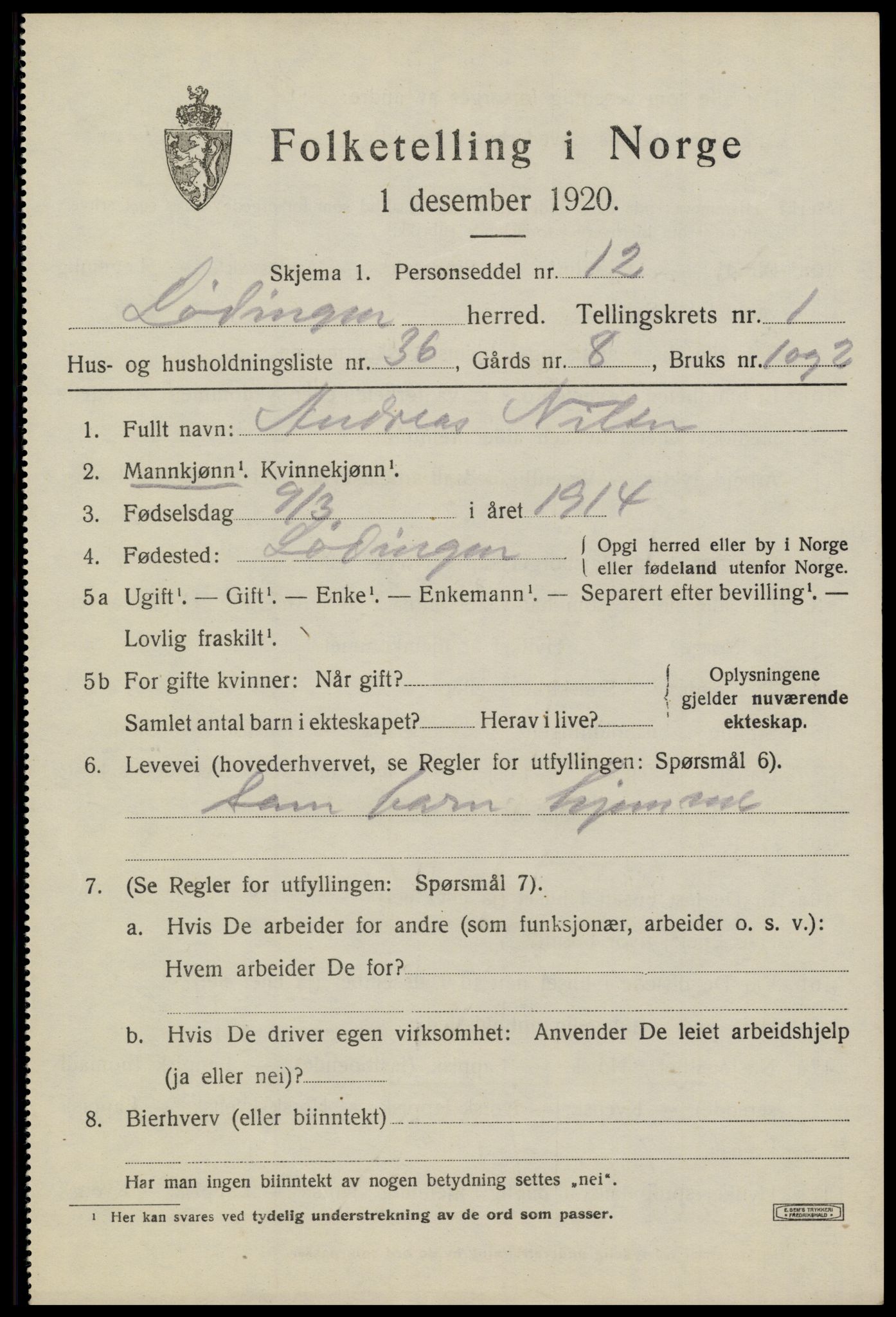 SAT, 1920 census for Lødingen, 1920, p. 1583