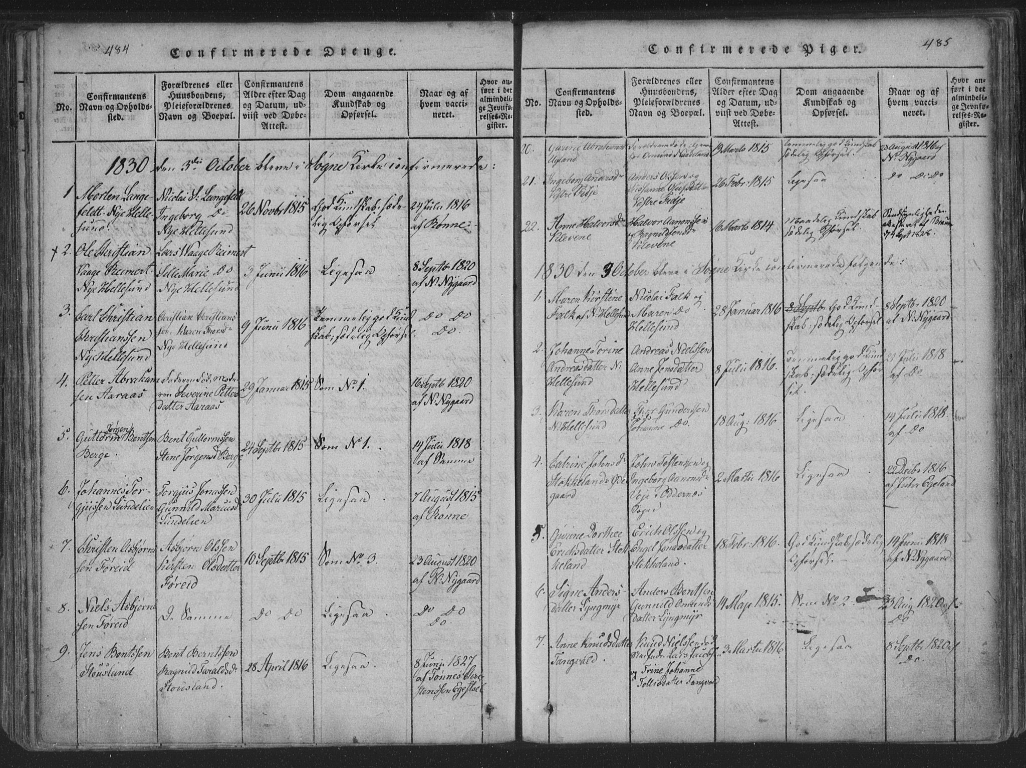 Søgne sokneprestkontor, SAK/1111-0037/F/Fa/Fab/L0008: Parish register (official) no. A 8, 1821-1838, p. 484-485