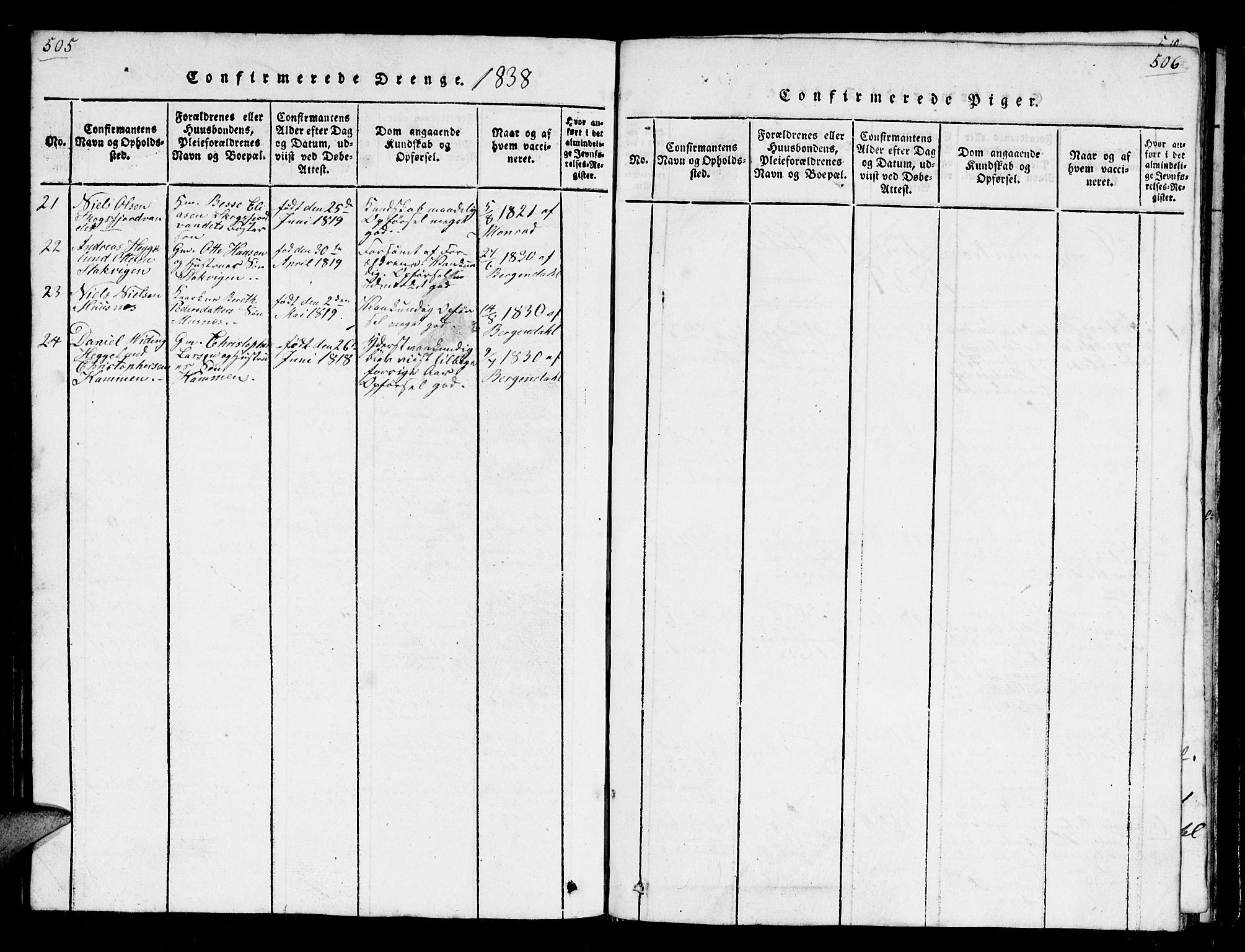 Karlsøy sokneprestembete, AV/SATØ-S-1299/H/Ha/Hab/L0001klokker: Parish register (copy) no. 1, 1821-1840, p. 505-506