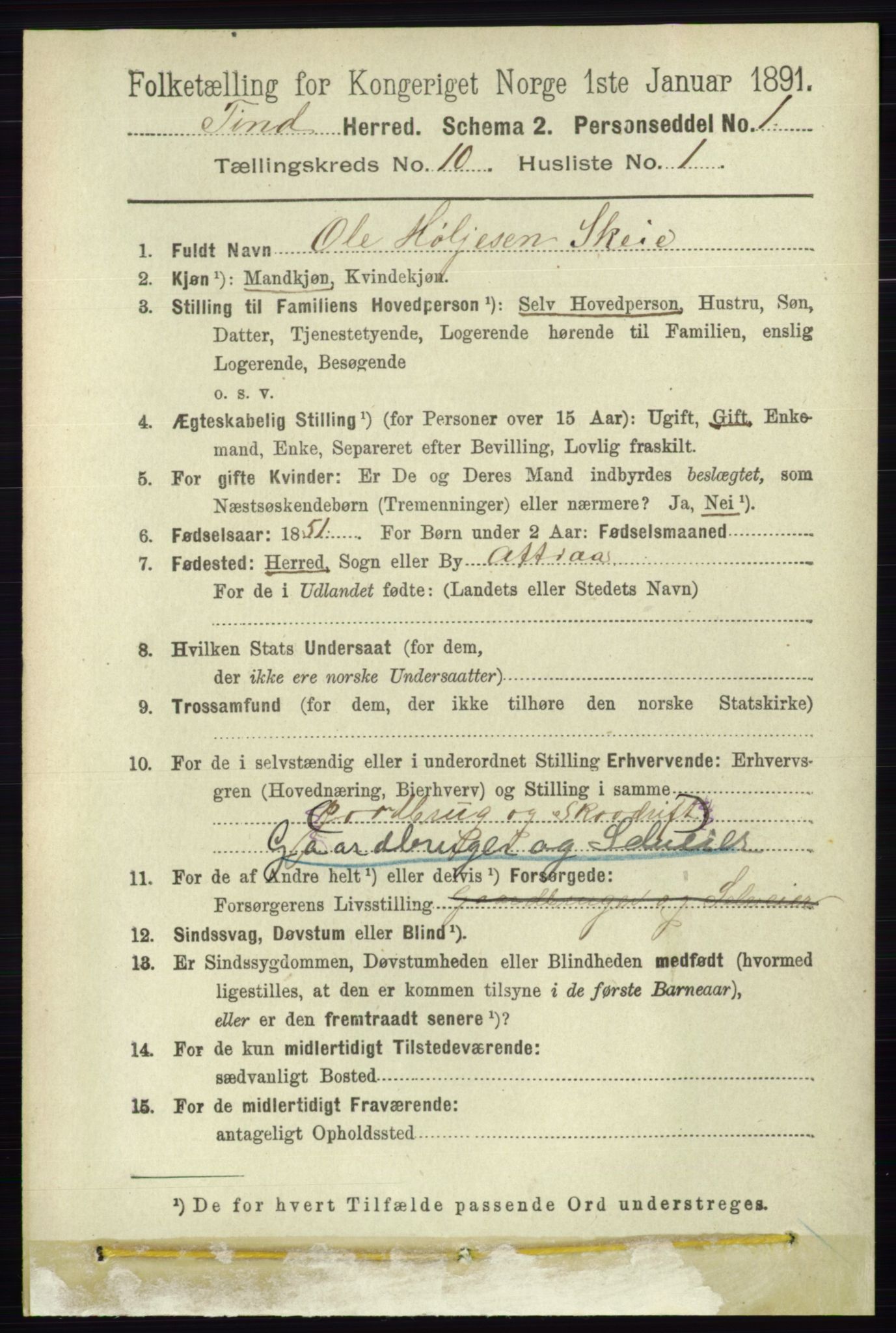 RA, 1891 census for 0826 Tinn, 1891, p. 1967