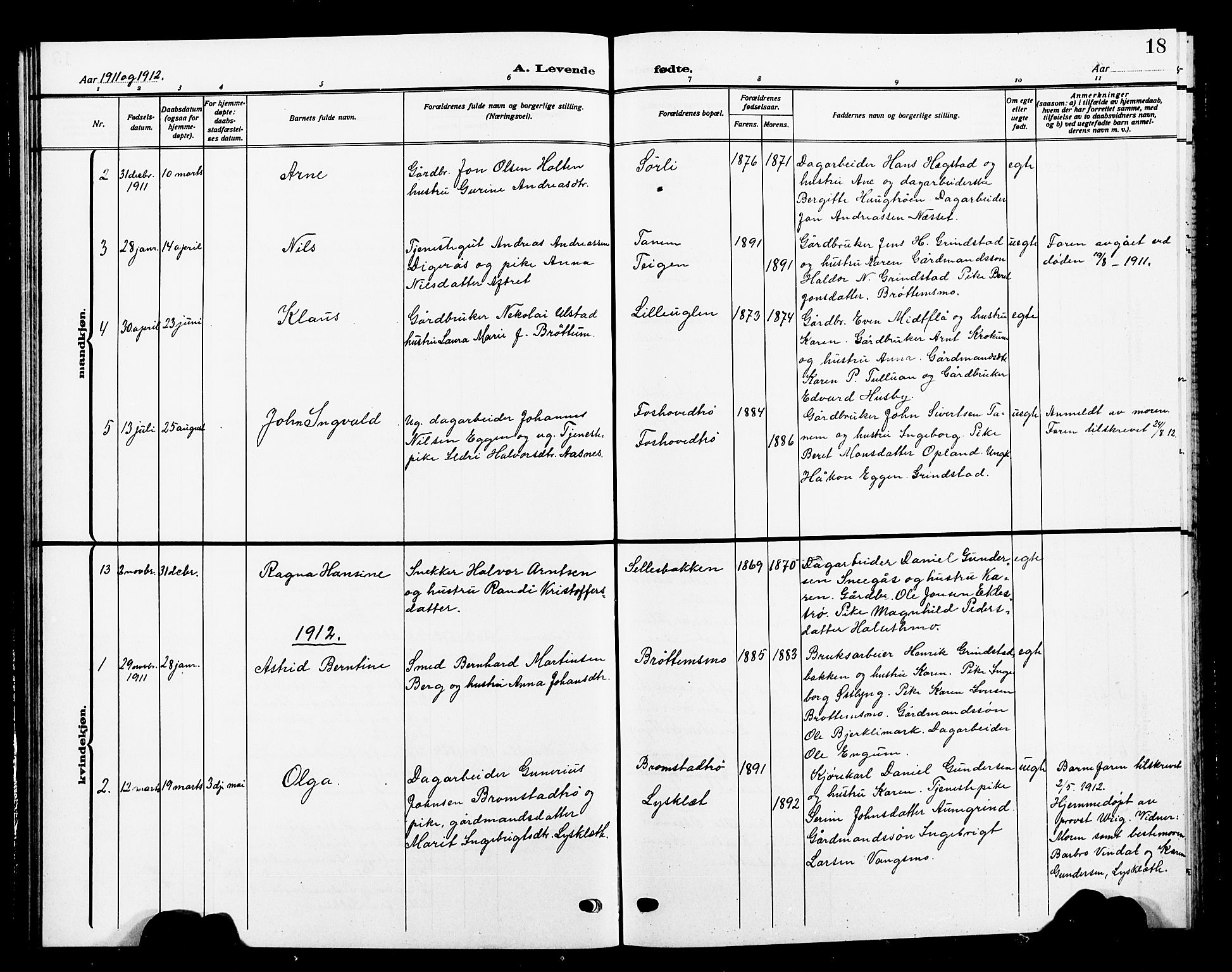 Ministerialprotokoller, klokkerbøker og fødselsregistre - Sør-Trøndelag, SAT/A-1456/618/L0453: Parish register (copy) no. 618C04, 1907-1925, p. 18