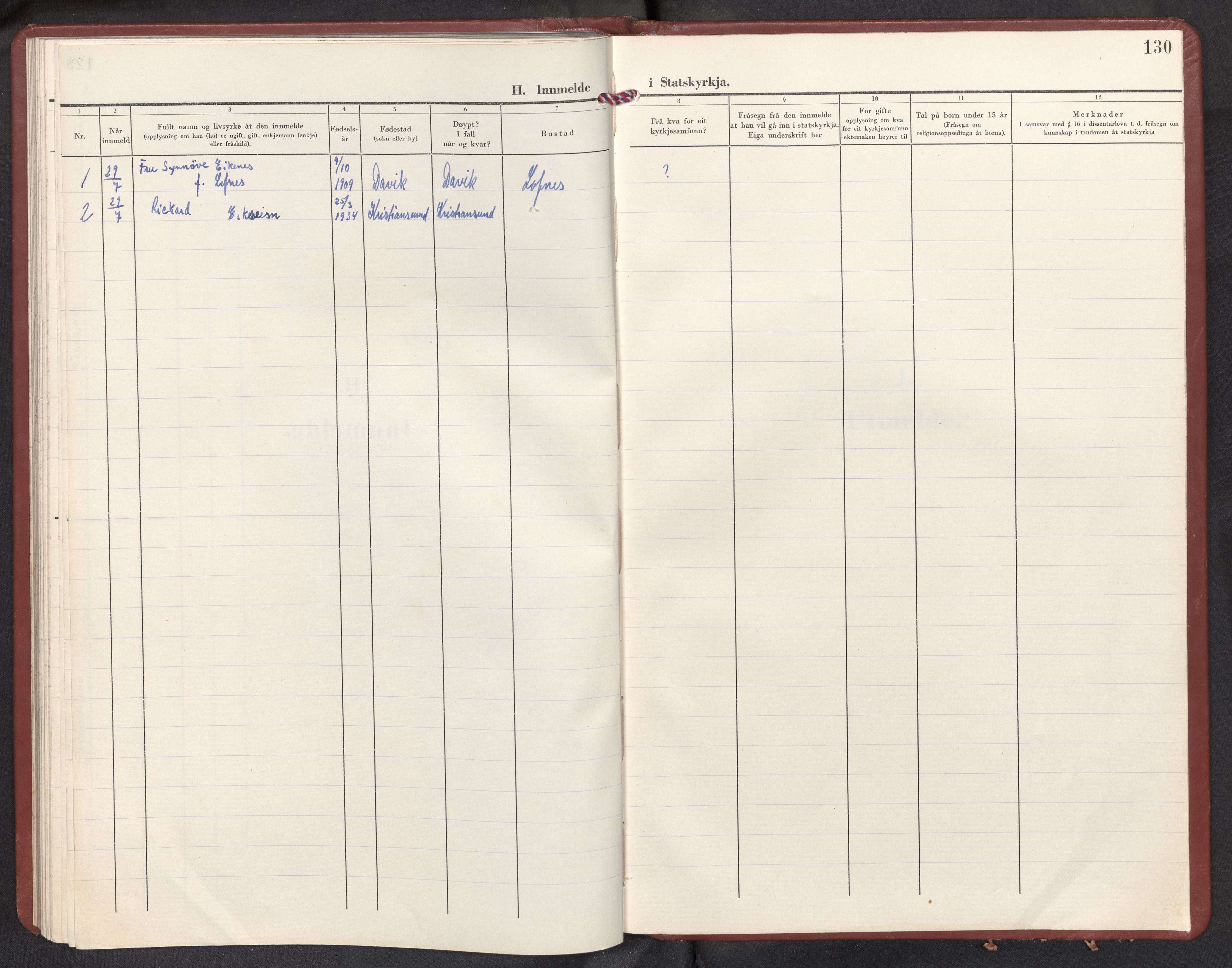 Davik sokneprestembete, SAB/A-79701/H/Hab/Habc/L0005: Parish register (copy) no. C 5, 1952-1966, p. 129b-130a