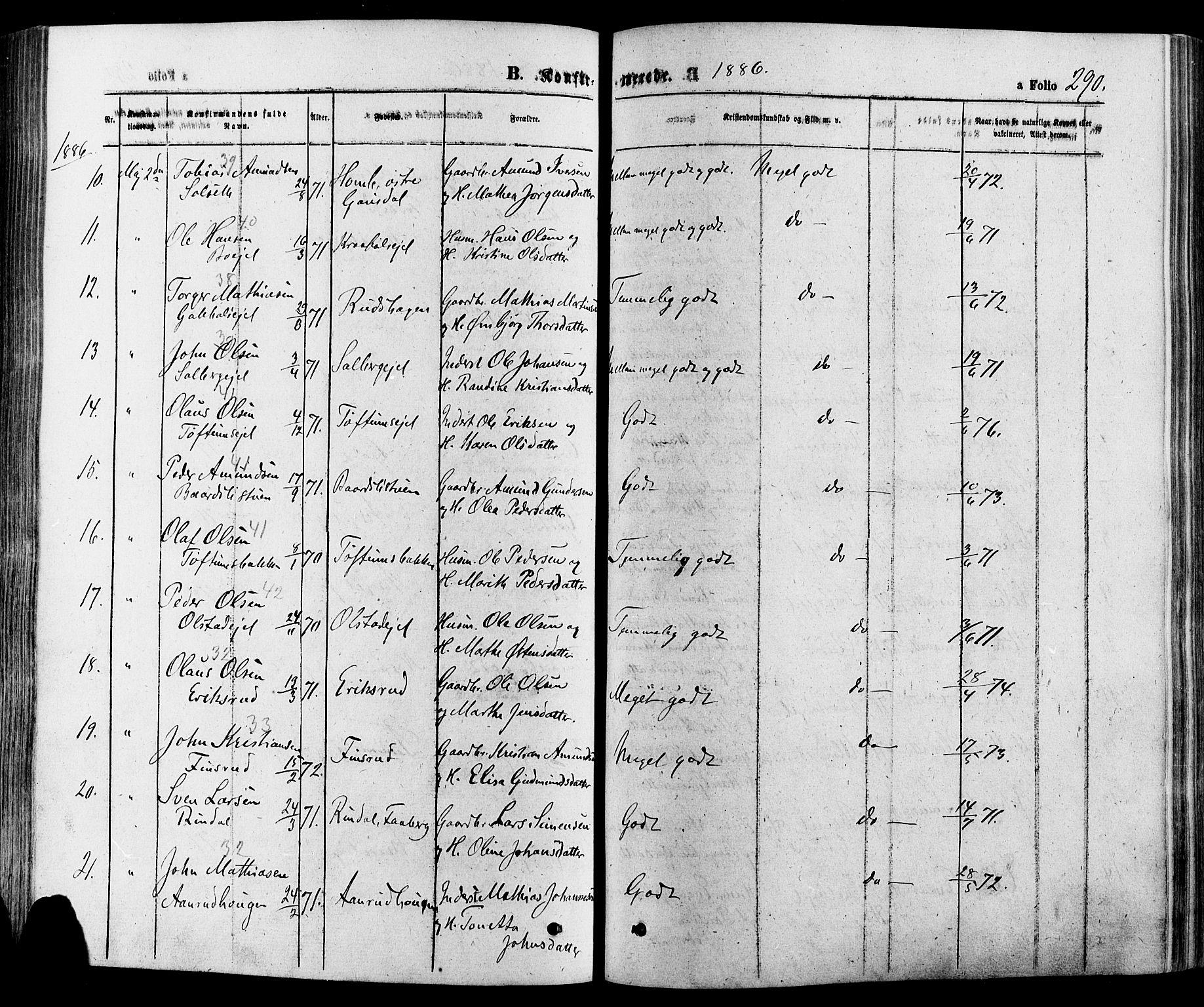 Gausdal prestekontor, SAH/PREST-090/H/Ha/Haa/L0010: Parish register (official) no. 10, 1867-1886, p. 290