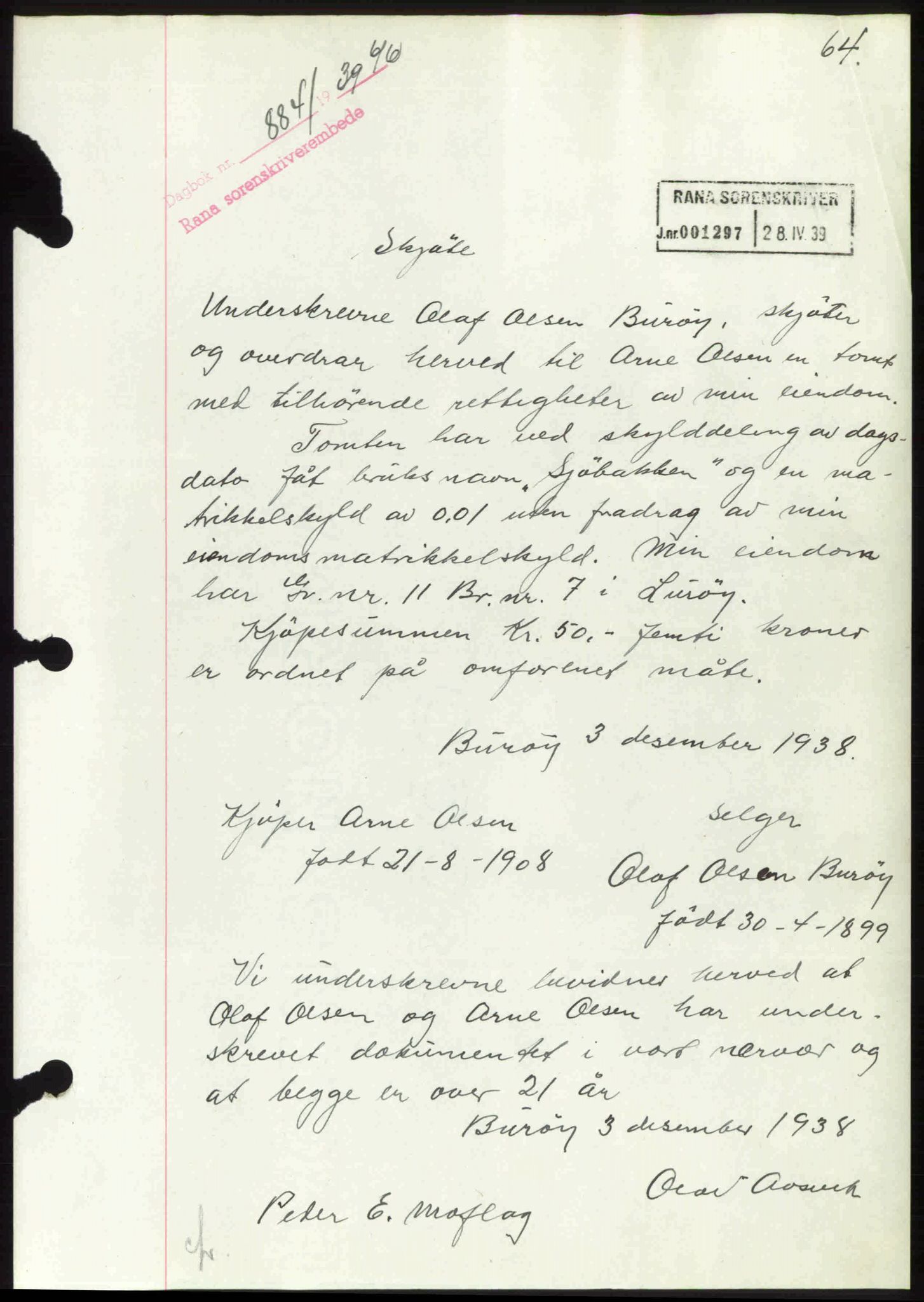 Rana sorenskriveri , SAT/A-1108/1/2/2C: Mortgage book no. A 6, 1939-1940, Diary no: : 884/1939
