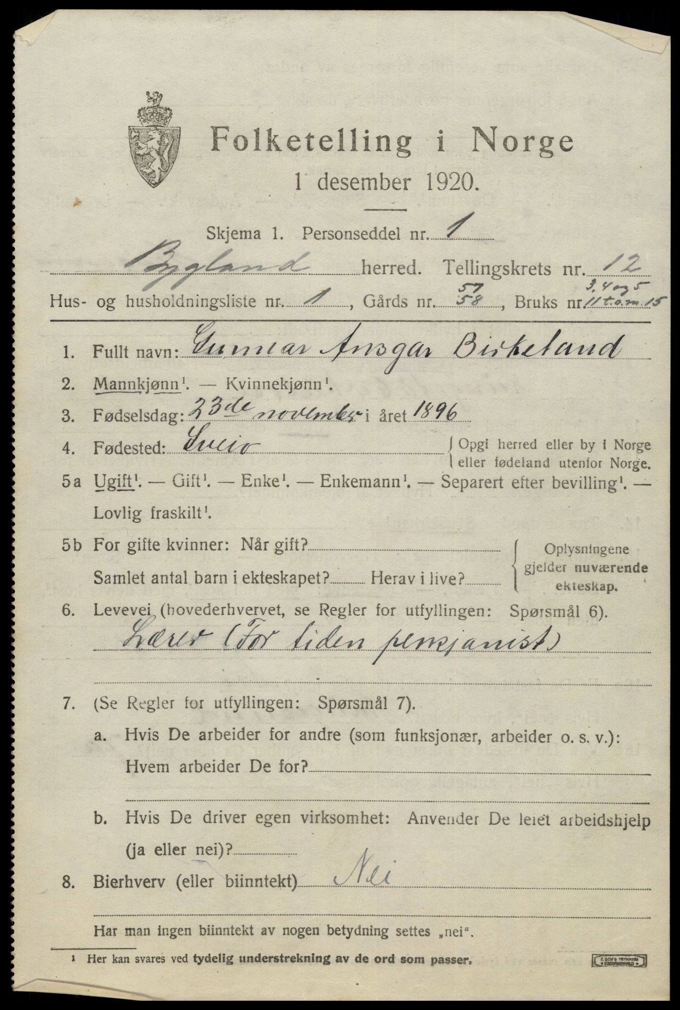 SAK, 1920 census for Bygland, 1920, p. 4461