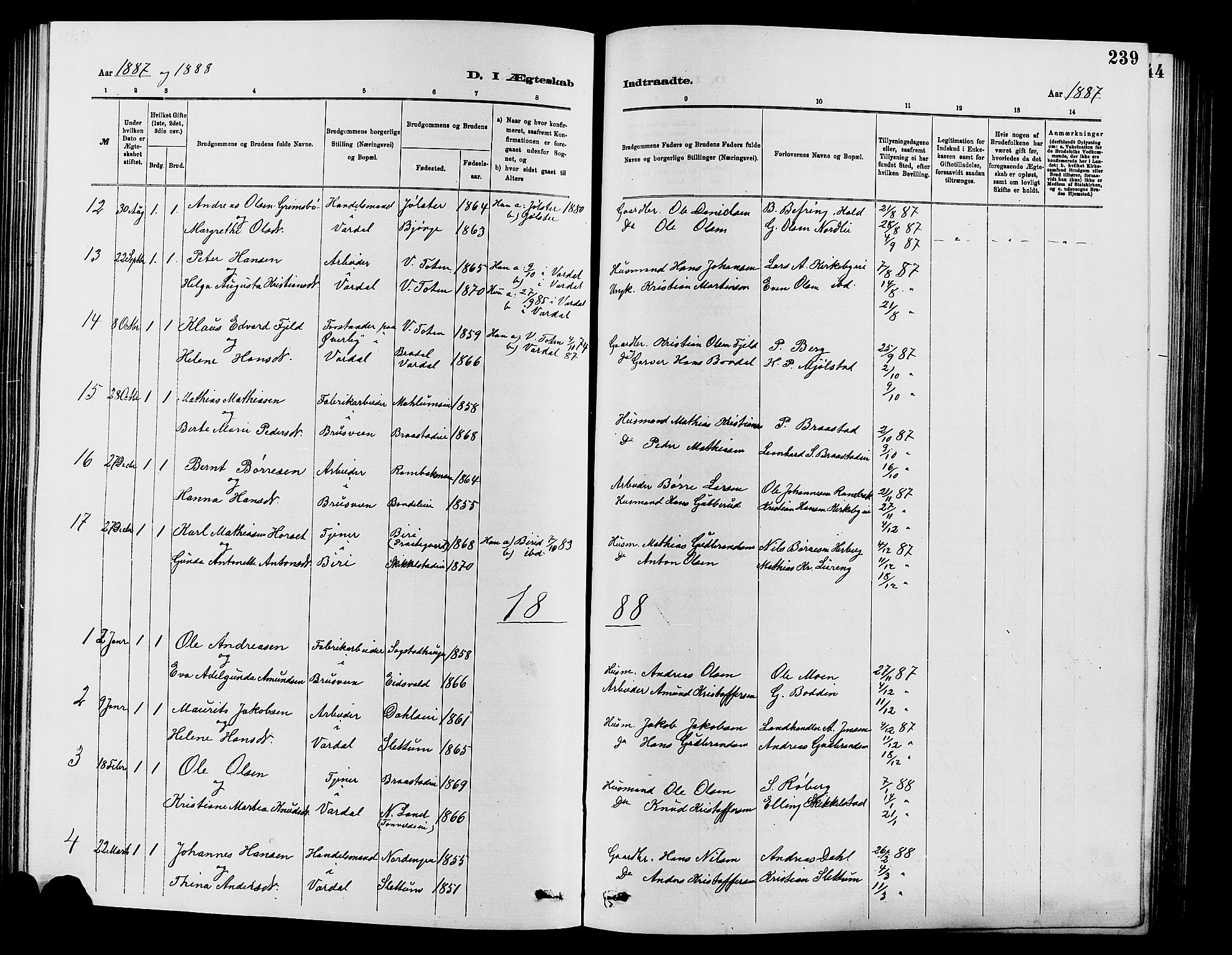 Vardal prestekontor, SAH/PREST-100/H/Ha/Hab/L0007: Parish register (copy) no. 7 /1, 1881-1895, p. 239