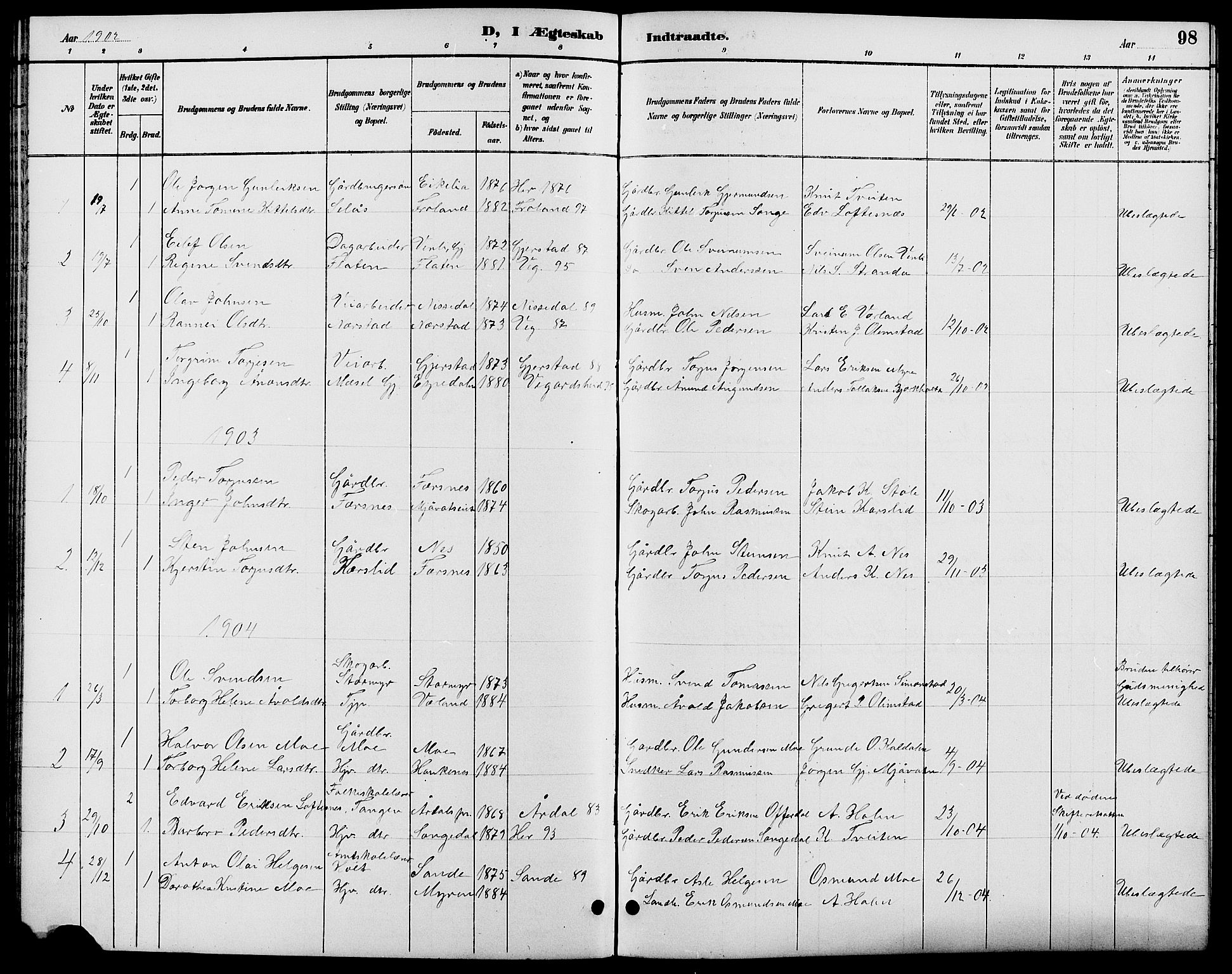 Gjerstad sokneprestkontor, SAK/1111-0014/F/Fb/Fbb/L0004: Parish register (copy) no. B 4, 1890-1910, p. 98