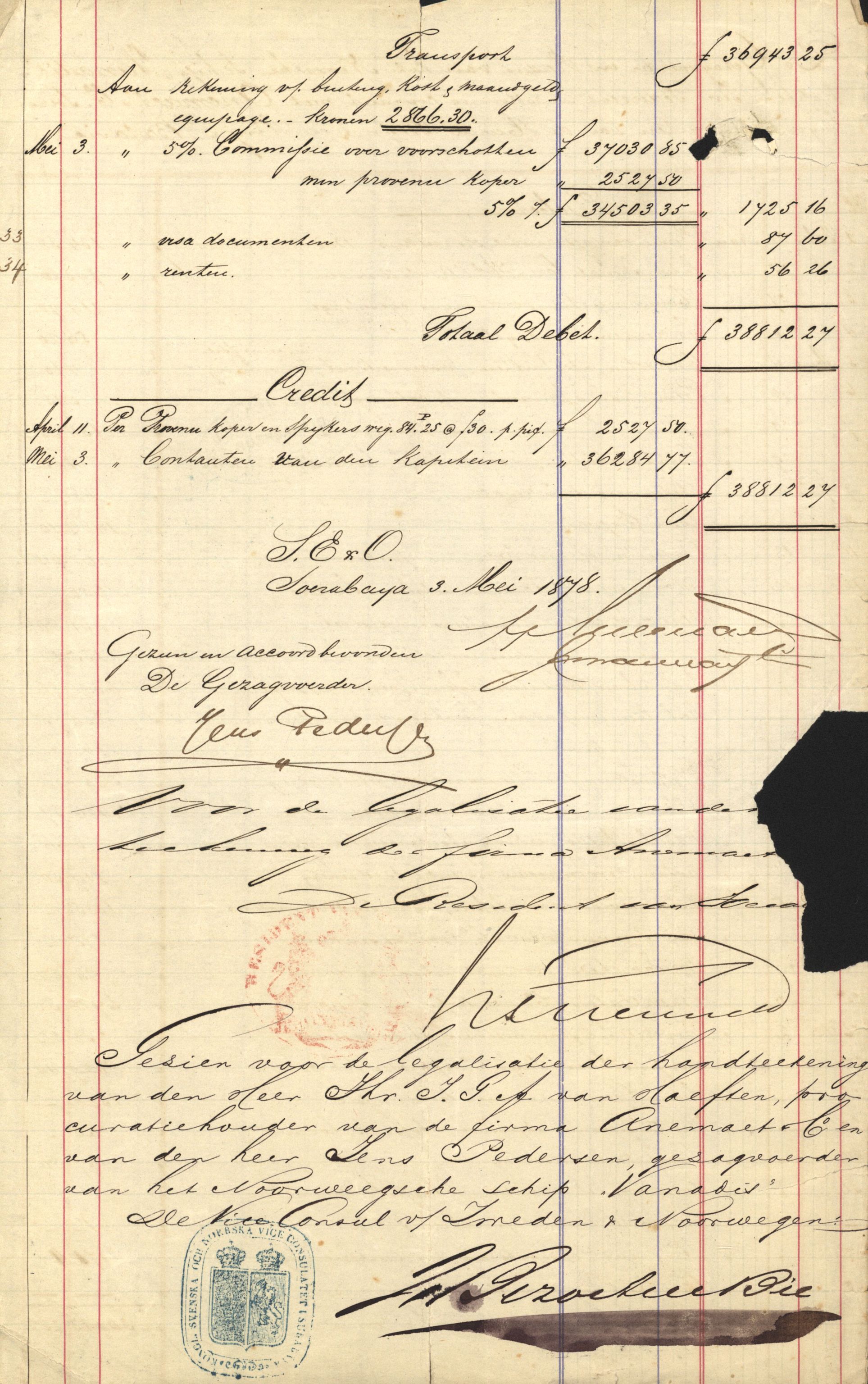 Pa 63 - Østlandske skibsassuranceforening, VEMU/A-1079/G/Ga/L0010/0005: Havaridokumenter / Vanadis, 1878