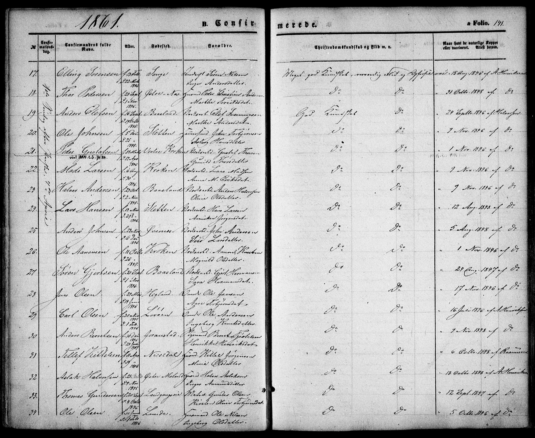 Holt sokneprestkontor, SAK/1111-0021/F/Fa/L0009: Parish register (official) no. A 9, 1861-1871, p. 141