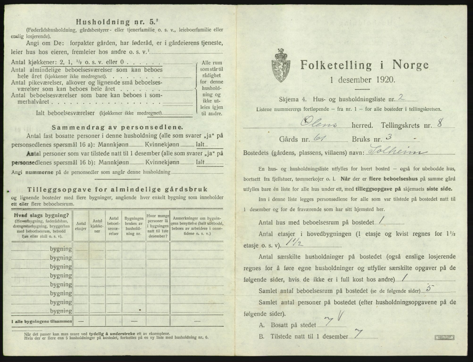 SAB, 1920 census for Ølen, 1920, p. 550