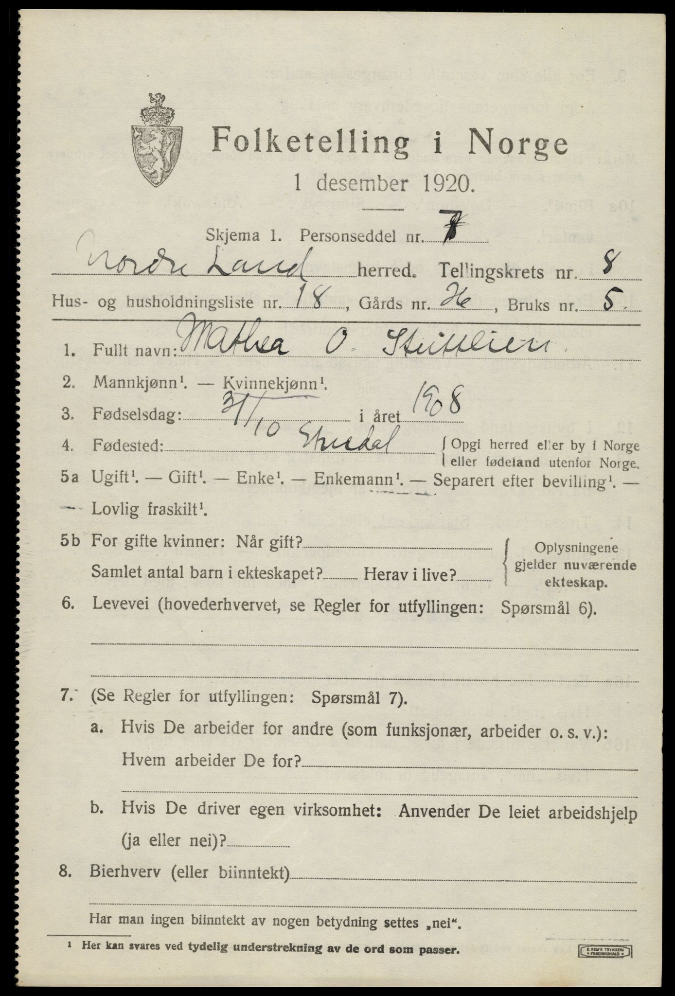 SAH, 1920 census for Nordre Land, 1920, p. 4938