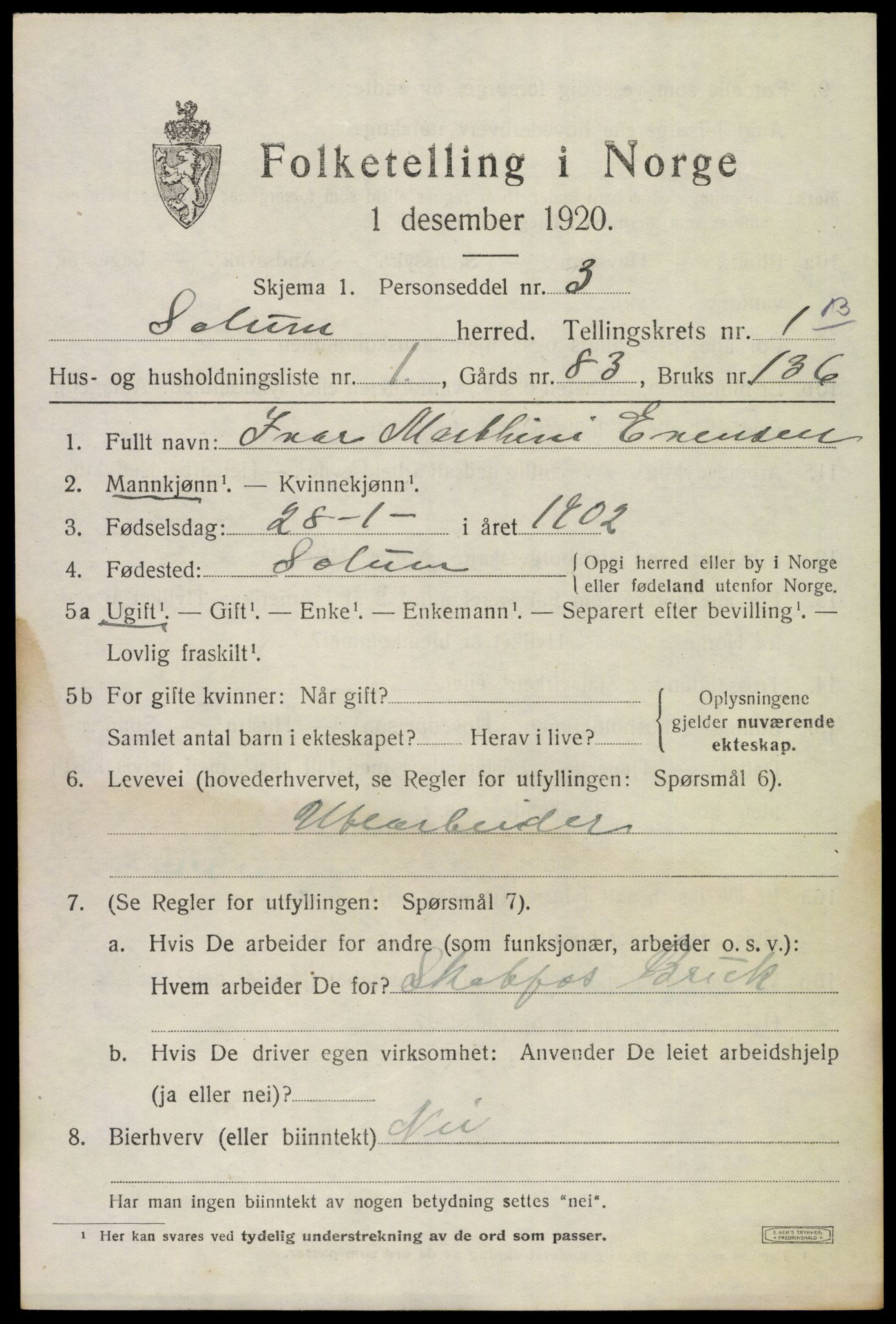 SAKO, 1920 census for Solum, 1920, p. 4048