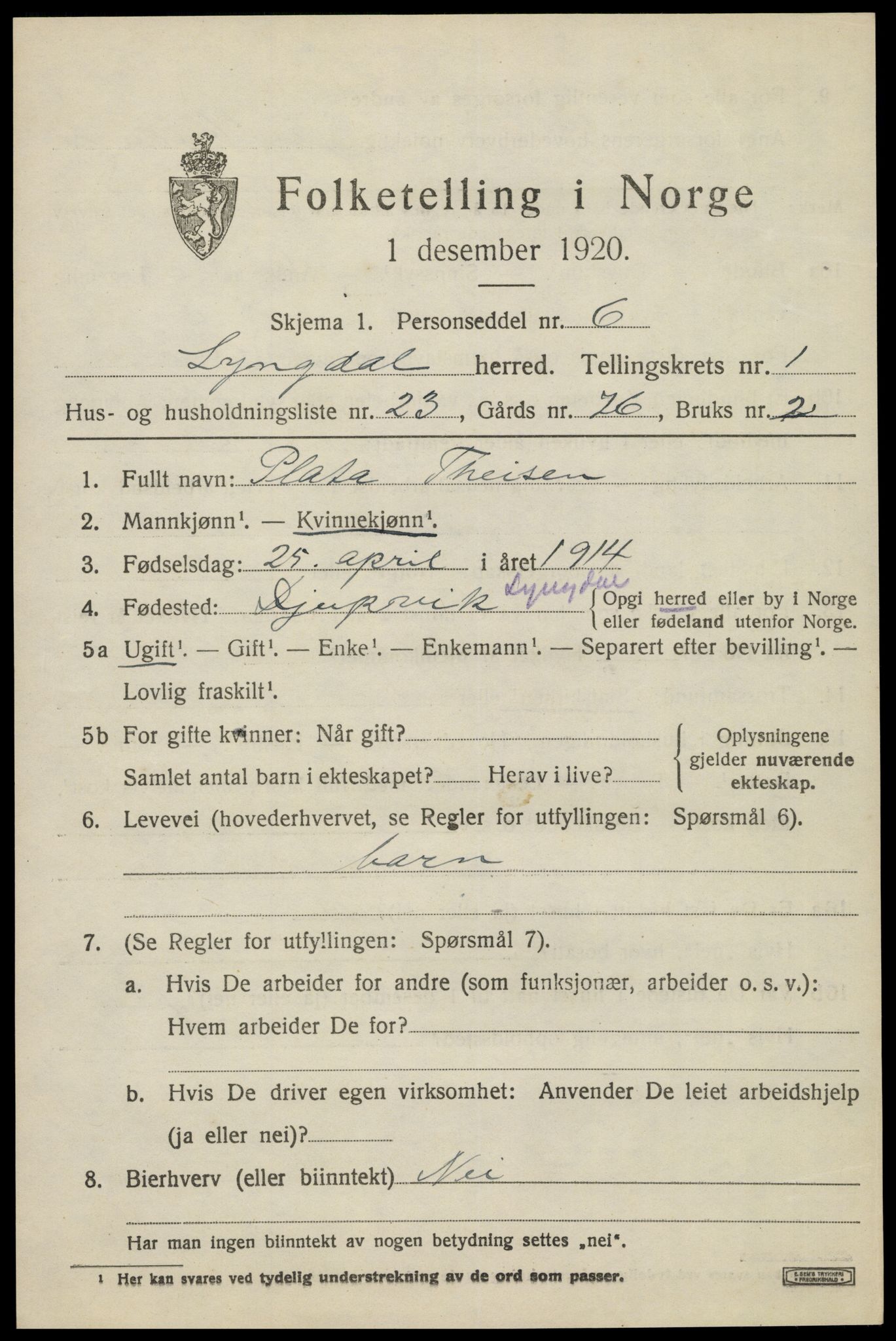 SAK, 1920 census for Lyngdal, 1920, p. 1563