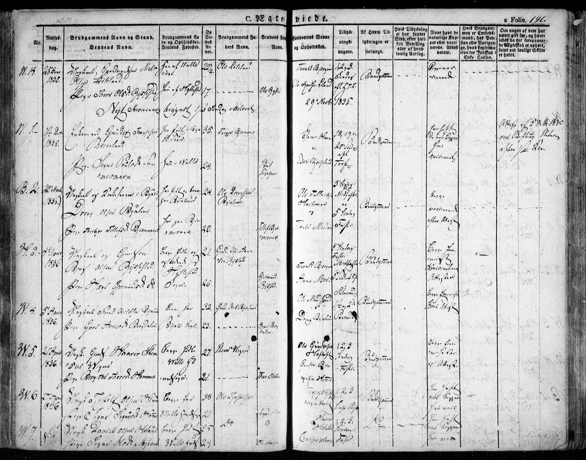 Valle sokneprestkontor, AV/SAK-1111-0044/F/Fa/Fac/L0006: Parish register (official) no. A 6, 1831-1853, p. 196