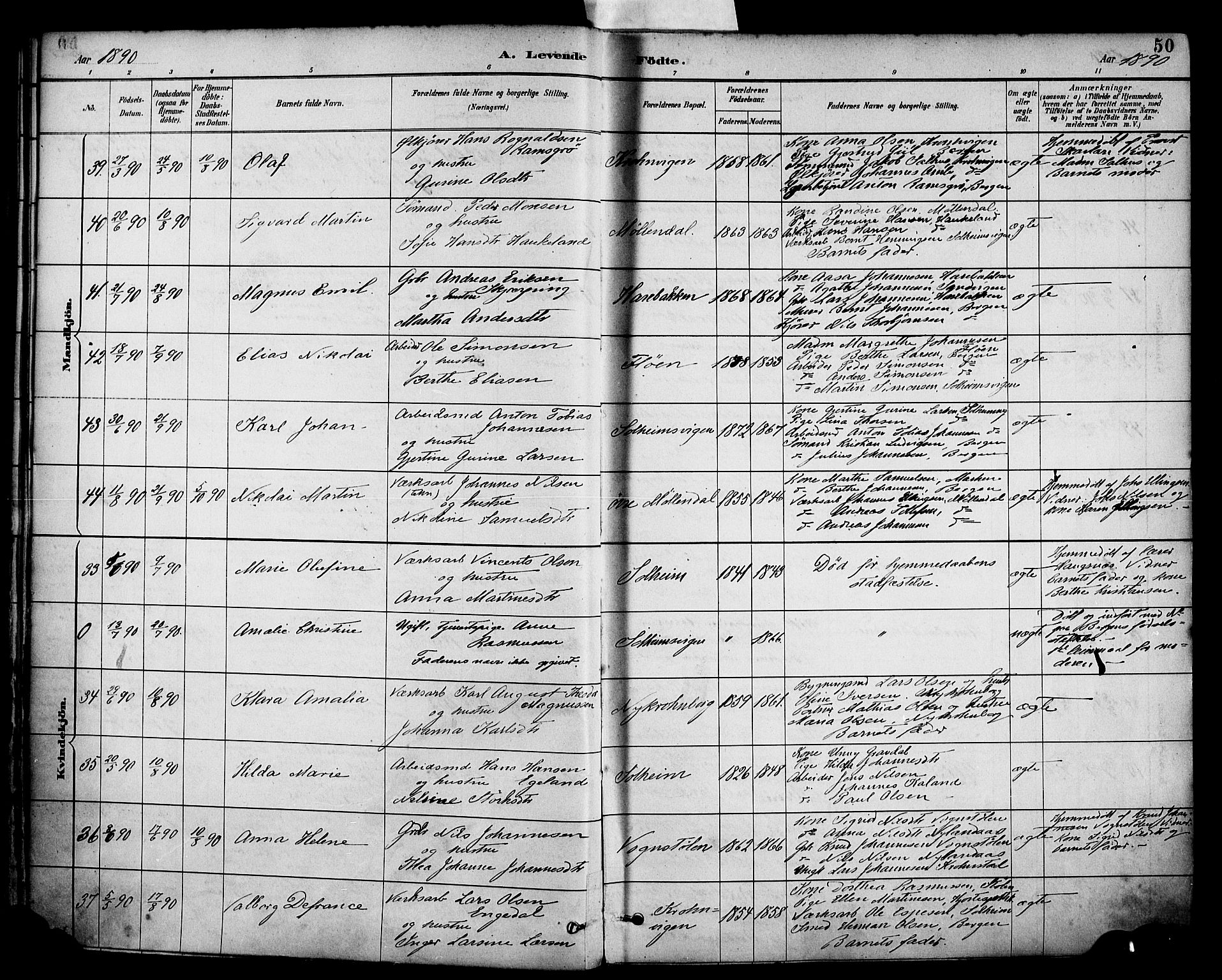 Årstad Sokneprestembete, AV/SAB-A-79301/H/Haa/L0001: Parish register (official) no. A 1, 1886-1901, p. 50