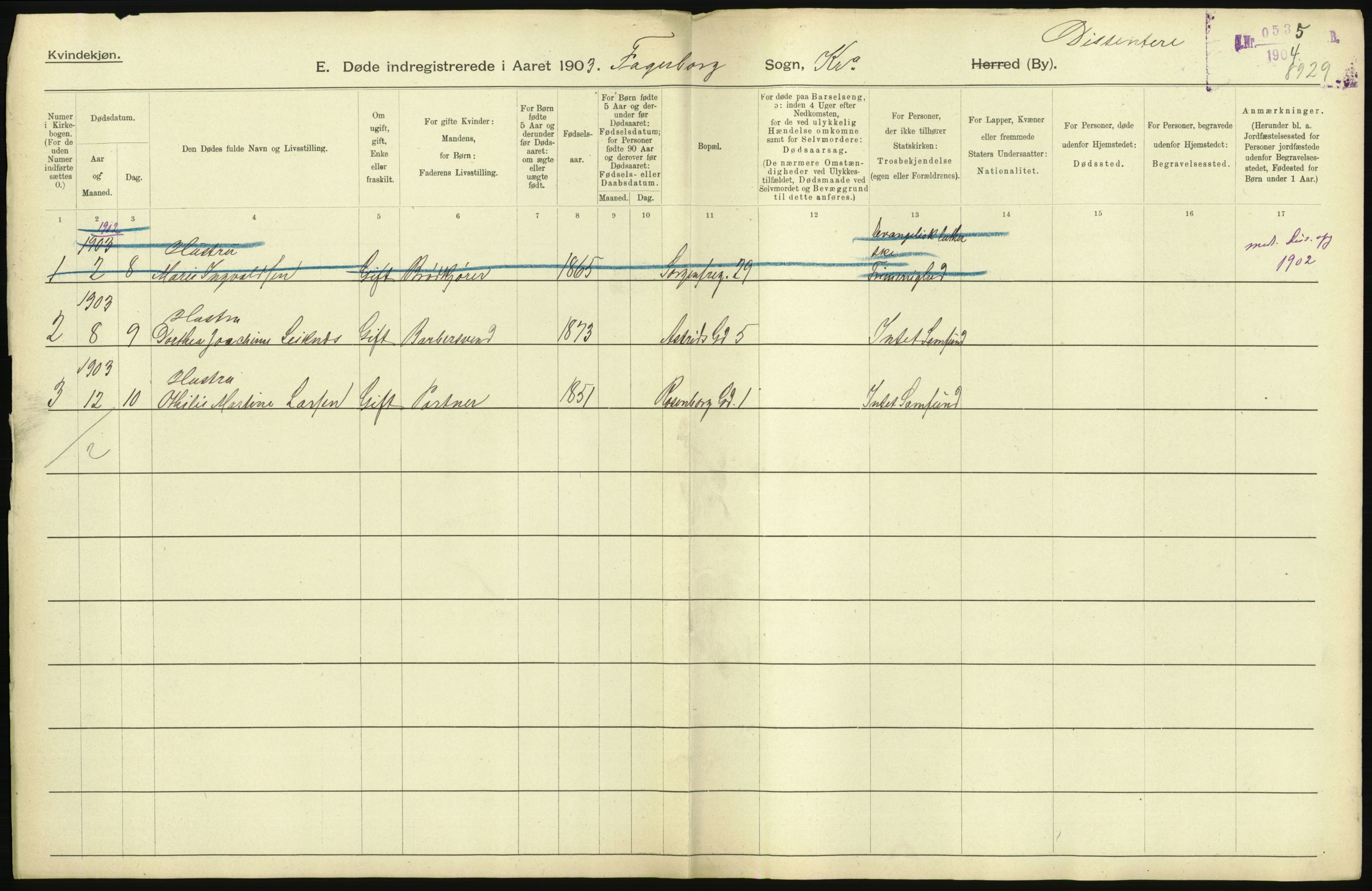 Statistisk sentralbyrå, Sosiodemografiske emner, Befolkning, RA/S-2228/D/Df/Dfa/Dfaa/L0004: Kristiania: Gifte, døde, 1903, p. 33