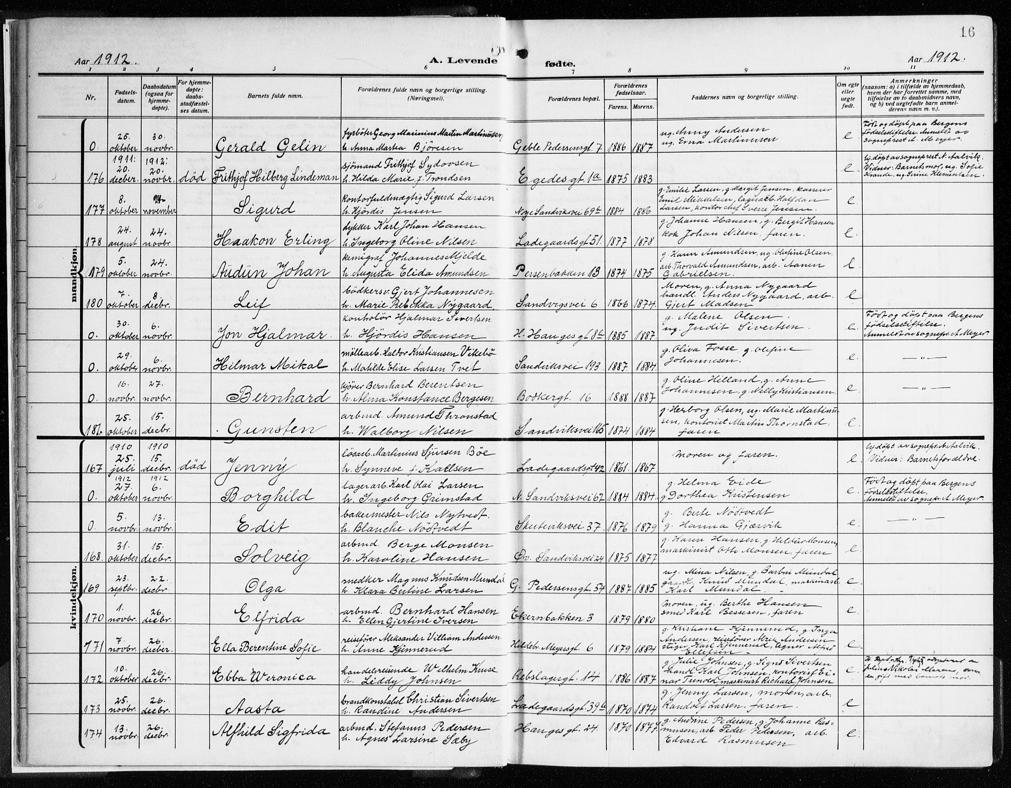 Sandviken Sokneprestembete, AV/SAB-A-77601/H/Ha/L0007: Parish register (official) no. B 4, 1912-1924, p. 16