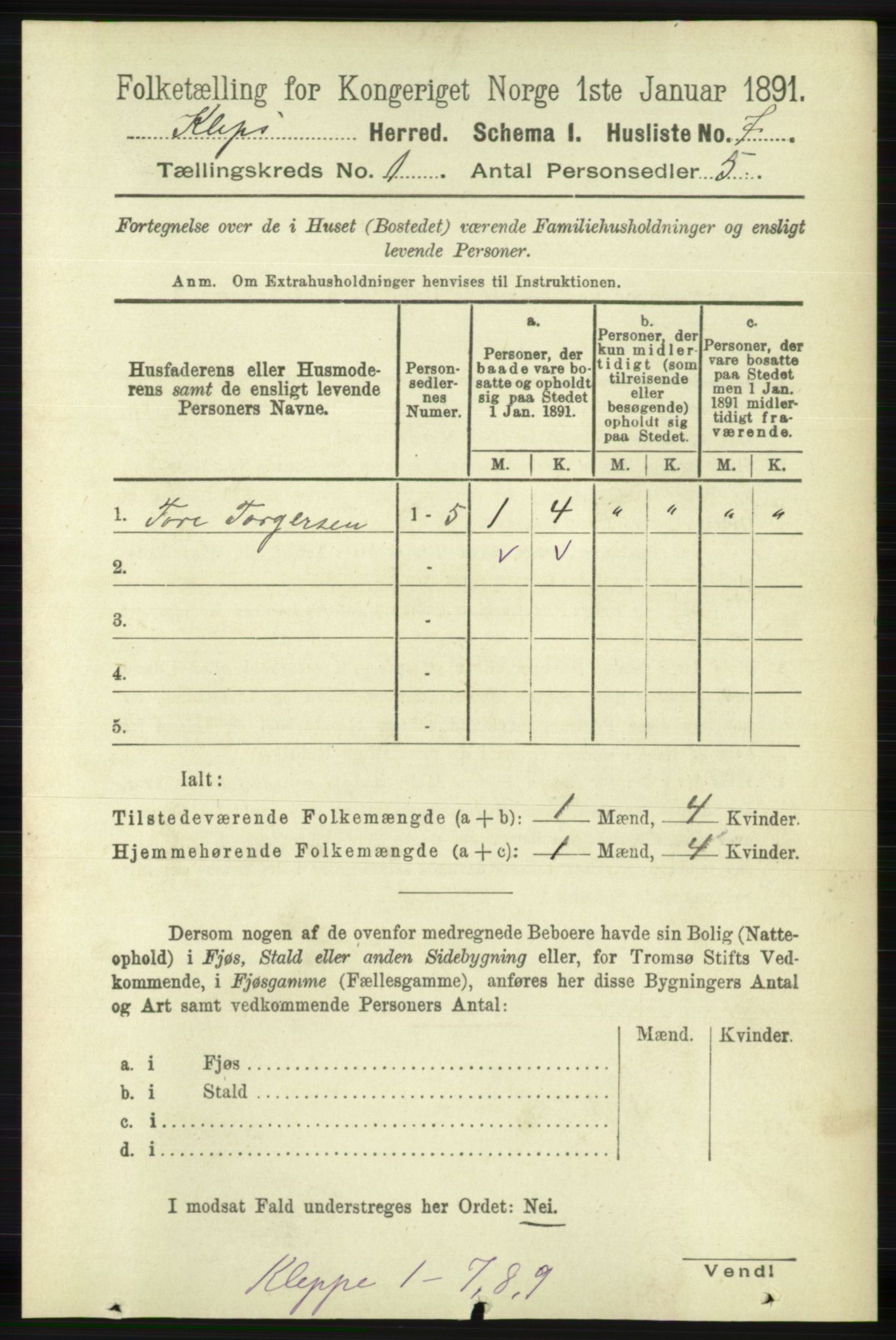 RA, 1891 census for 1120 Klepp, 1891, p. 34