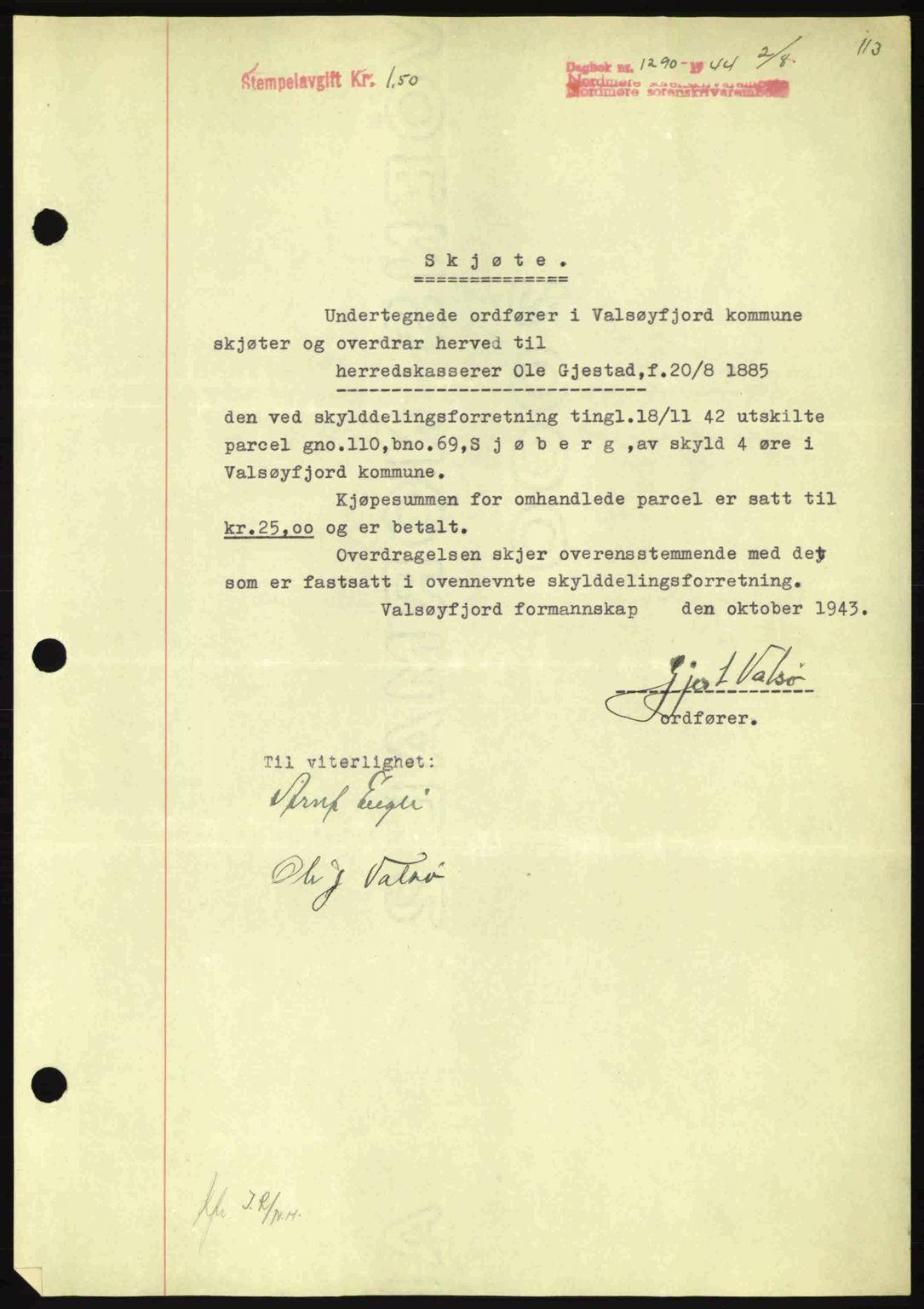 Nordmøre sorenskriveri, AV/SAT-A-4132/1/2/2Ca: Mortgage book no. A98, 1944-1944, Diary no: : 1290/1944