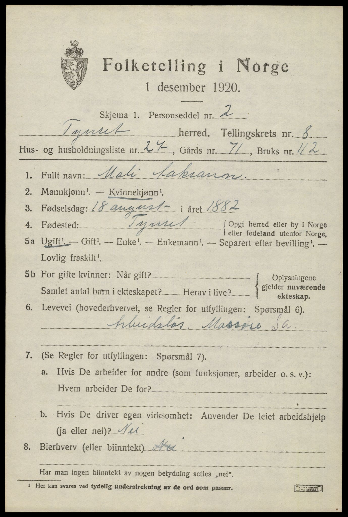 SAH, 1920 census for Tynset, 1920, p. 6890