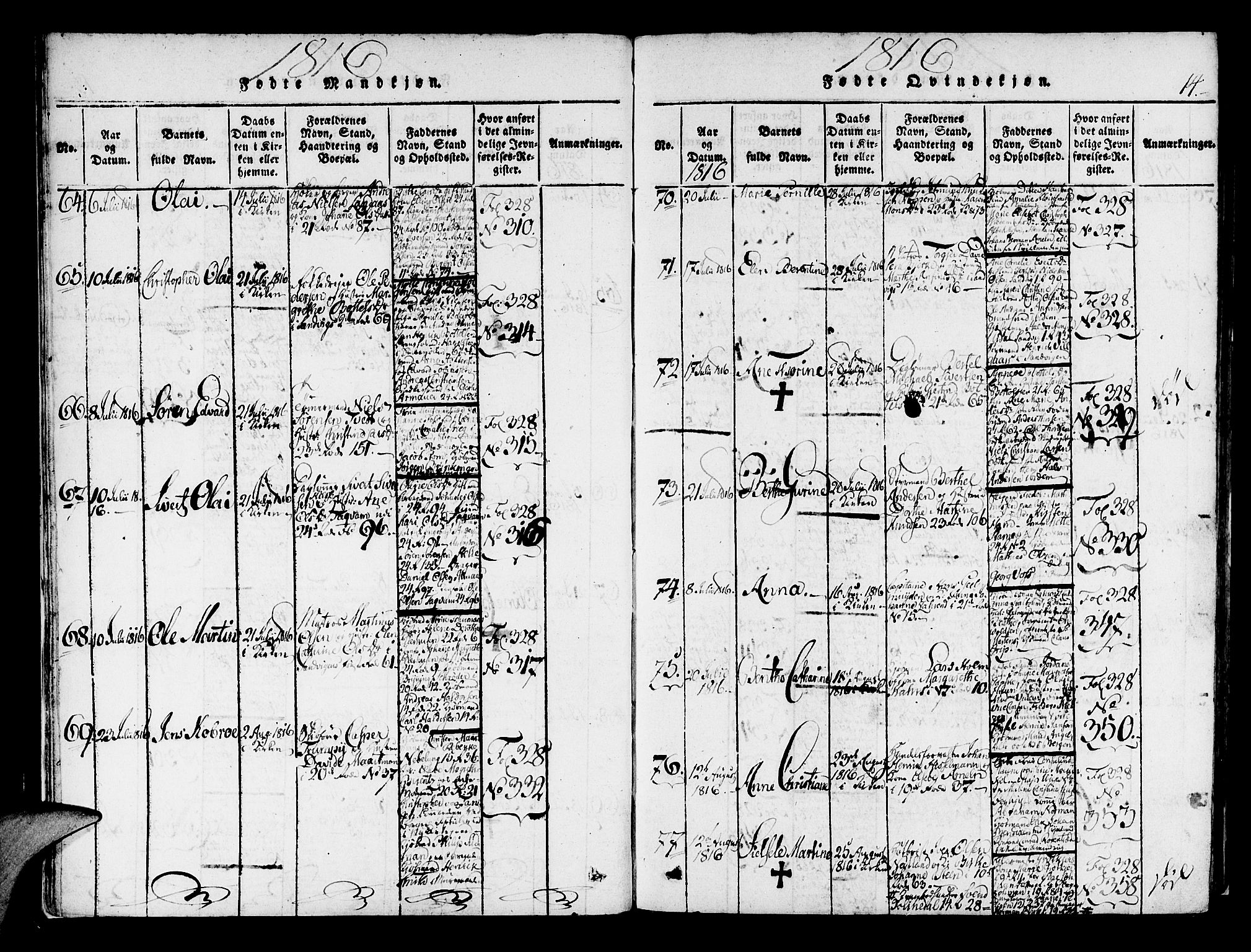 Korskirken sokneprestembete, AV/SAB-A-76101/H/Haa/L0013: Parish register (official) no. A 13, 1815-1822, p. 14