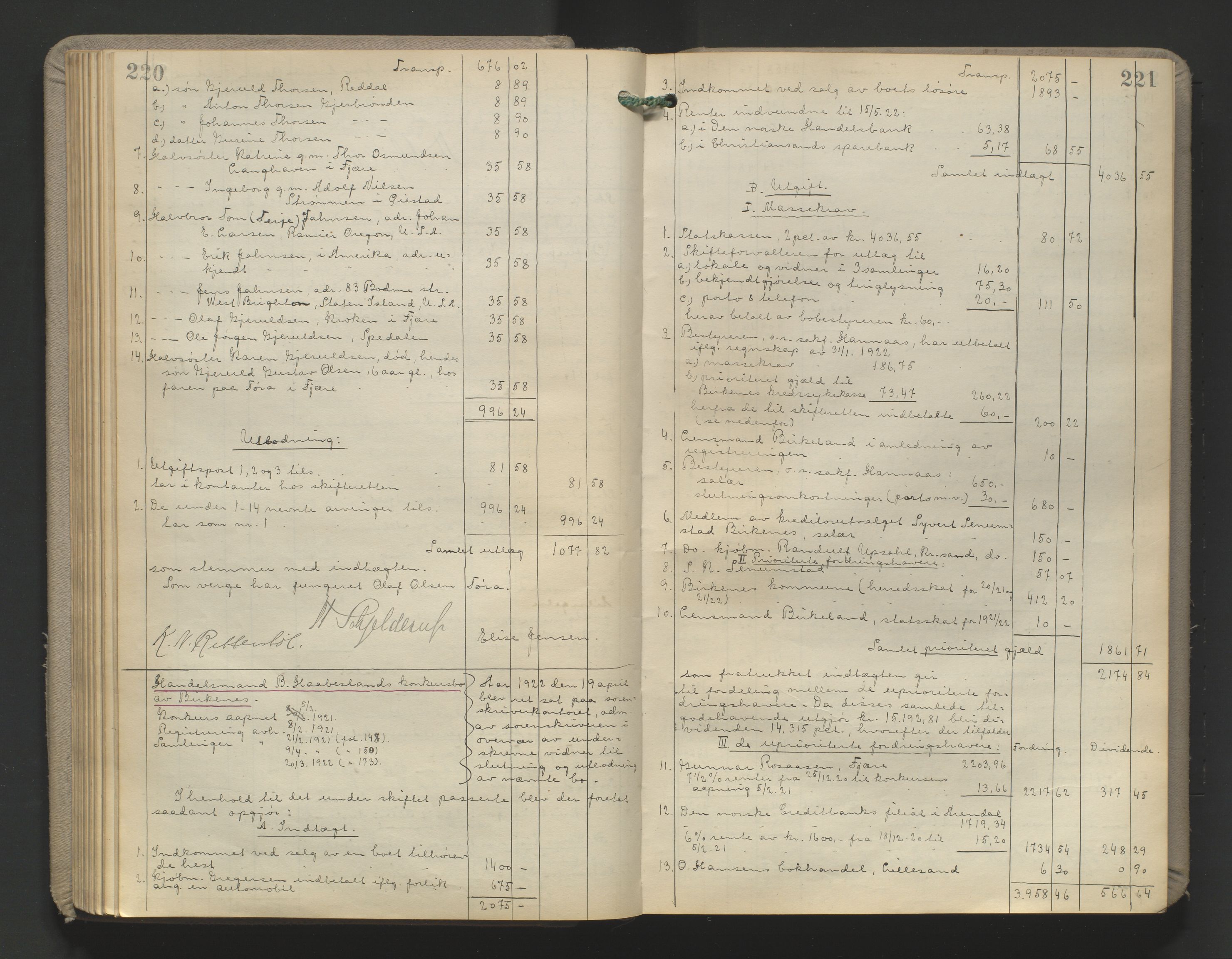 Vestre Nedenes/Sand sorenskriveri, AV/SAK-1221-0010/H/Hc/L0022: Skifteutlodningsprotokoll nr. 9, 1919-1932, p. 220-221