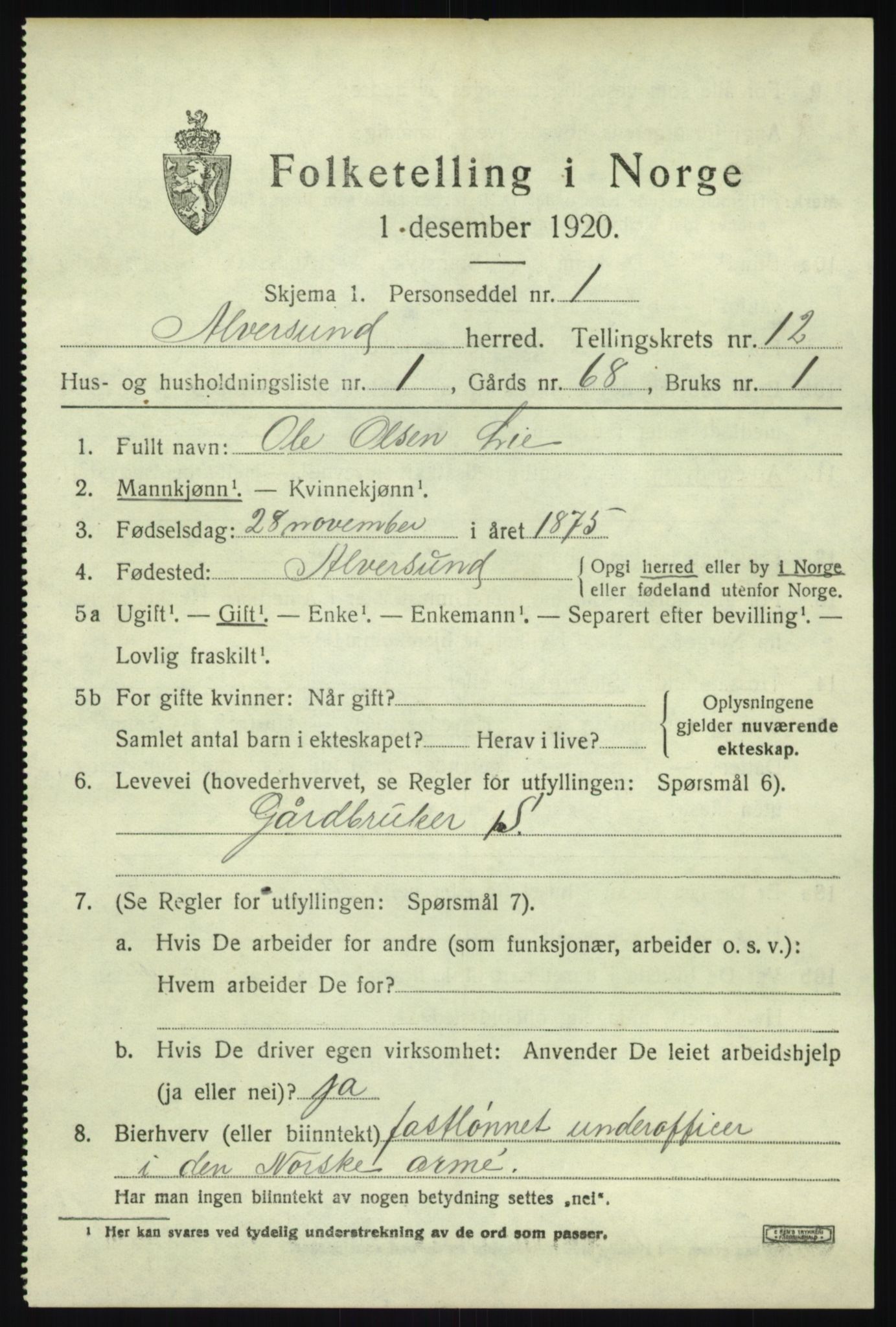 SAB, 1920 census for Alversund, 1920, p. 7010