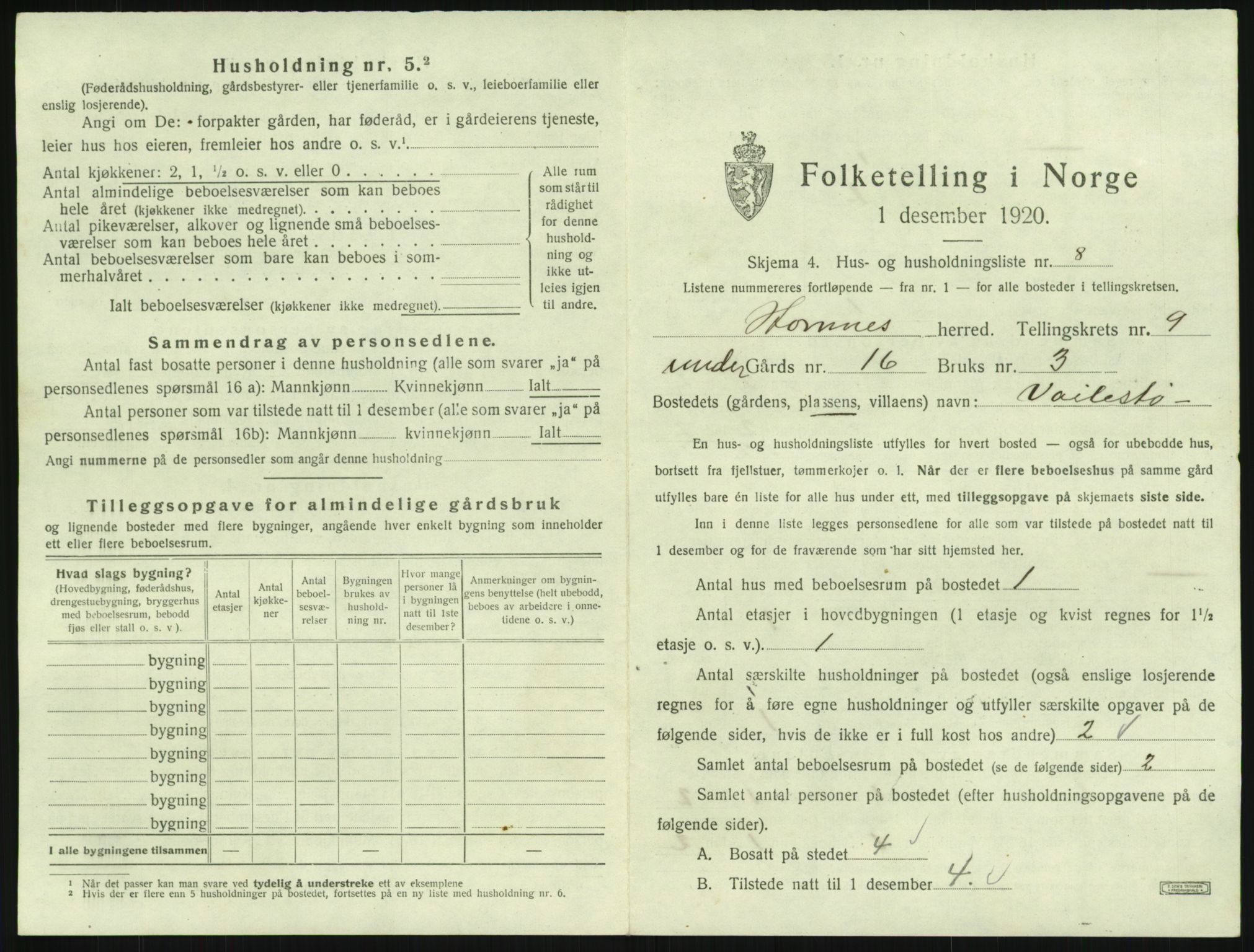 SAK, 1920 census for Hornnes, 1920, p. 365