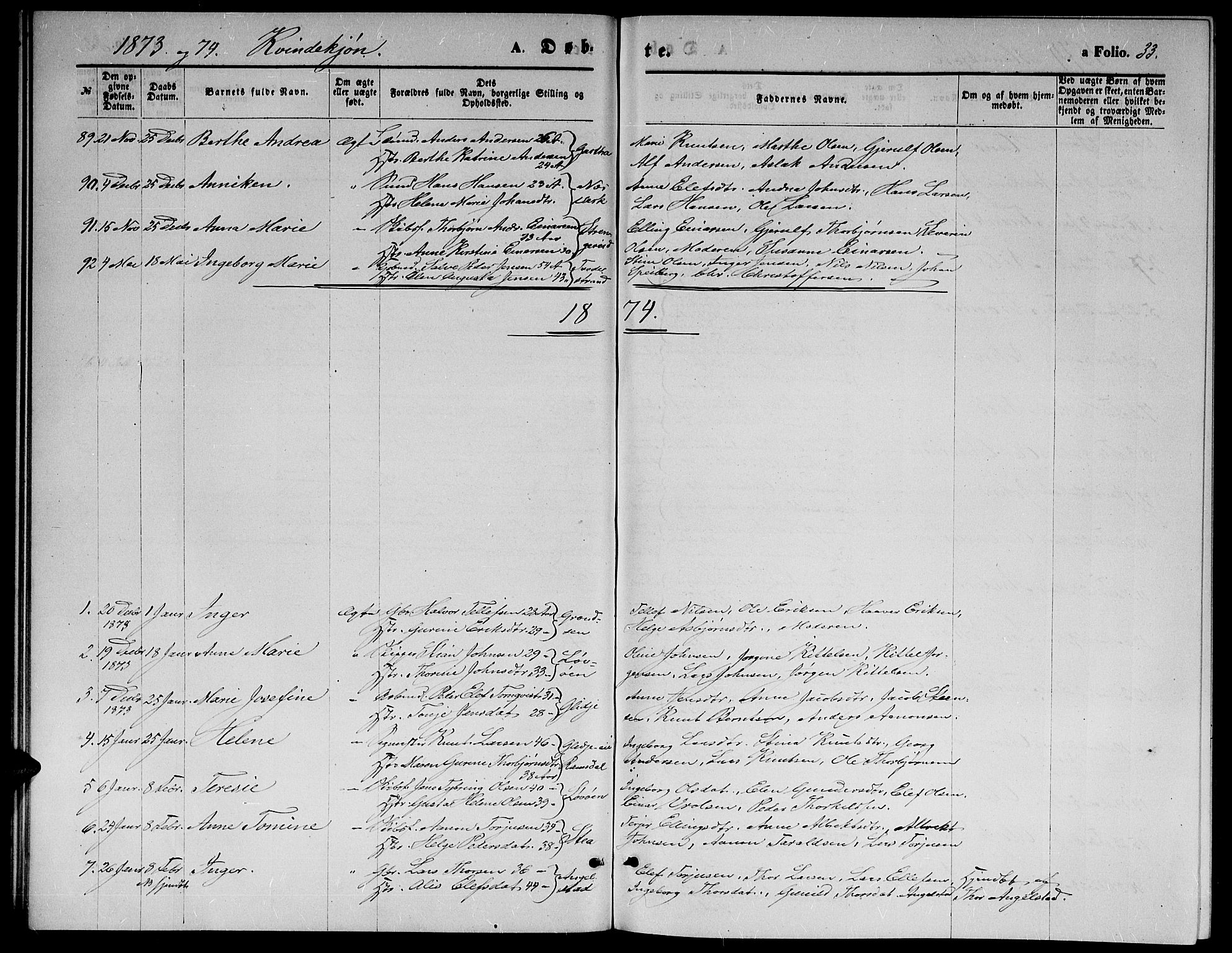 Holt sokneprestkontor, AV/SAK-1111-0021/F/Fb/L0009: Parish register (copy) no. B 9, 1871-1883, p. 33