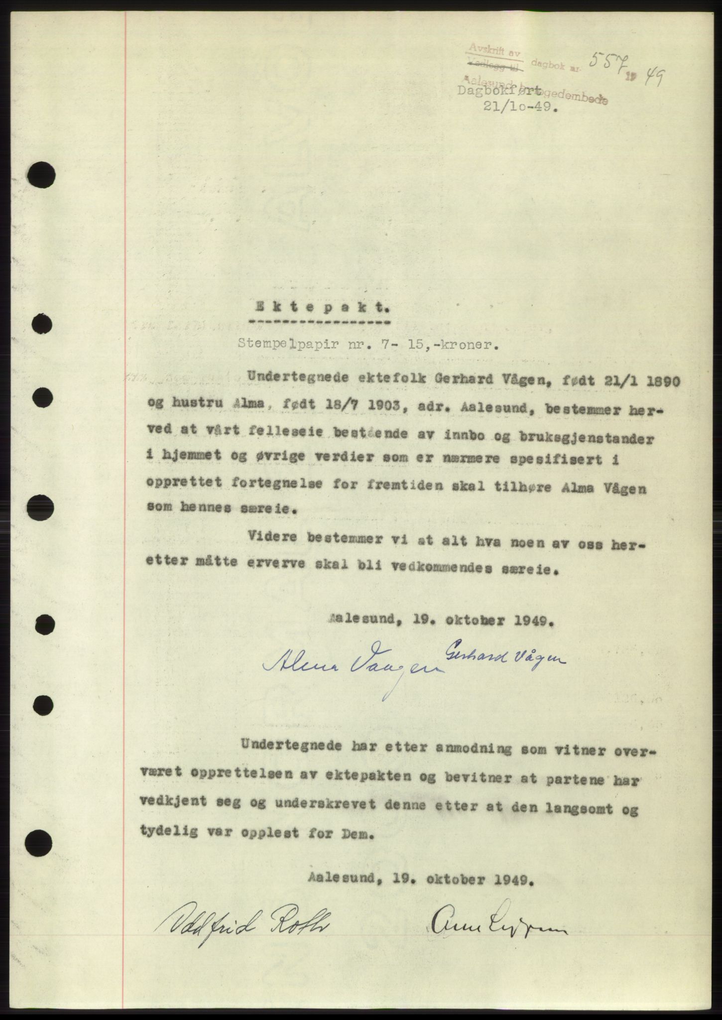 Ålesund byfogd, AV/SAT-A-4384: Mortgage book no. B36-38, 1948-1950, Diary no: : 557/1949