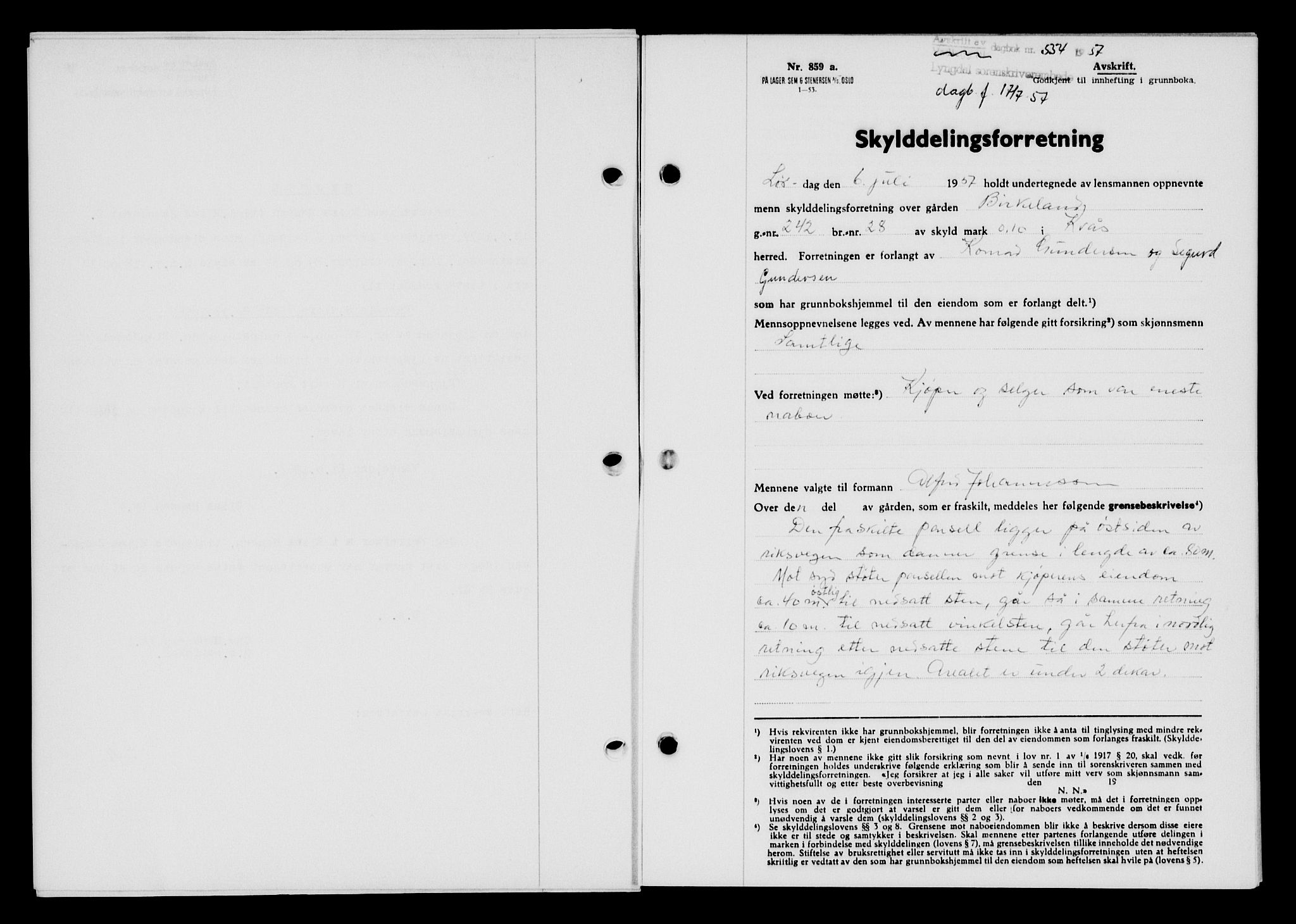 Lyngdal sorenskriveri, AV/SAK-1221-0004/G/Gb/L0676: Mortgage book no. A XXII, 1957-1957, Diary no: : 534/1957