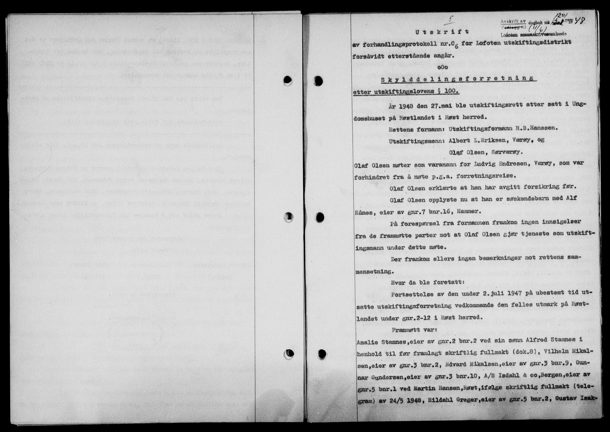 Lofoten sorenskriveri, SAT/A-0017/1/2/2C/L0018a: Mortgage book no. 18a, 1948-1948, Diary no: : 1201/1948