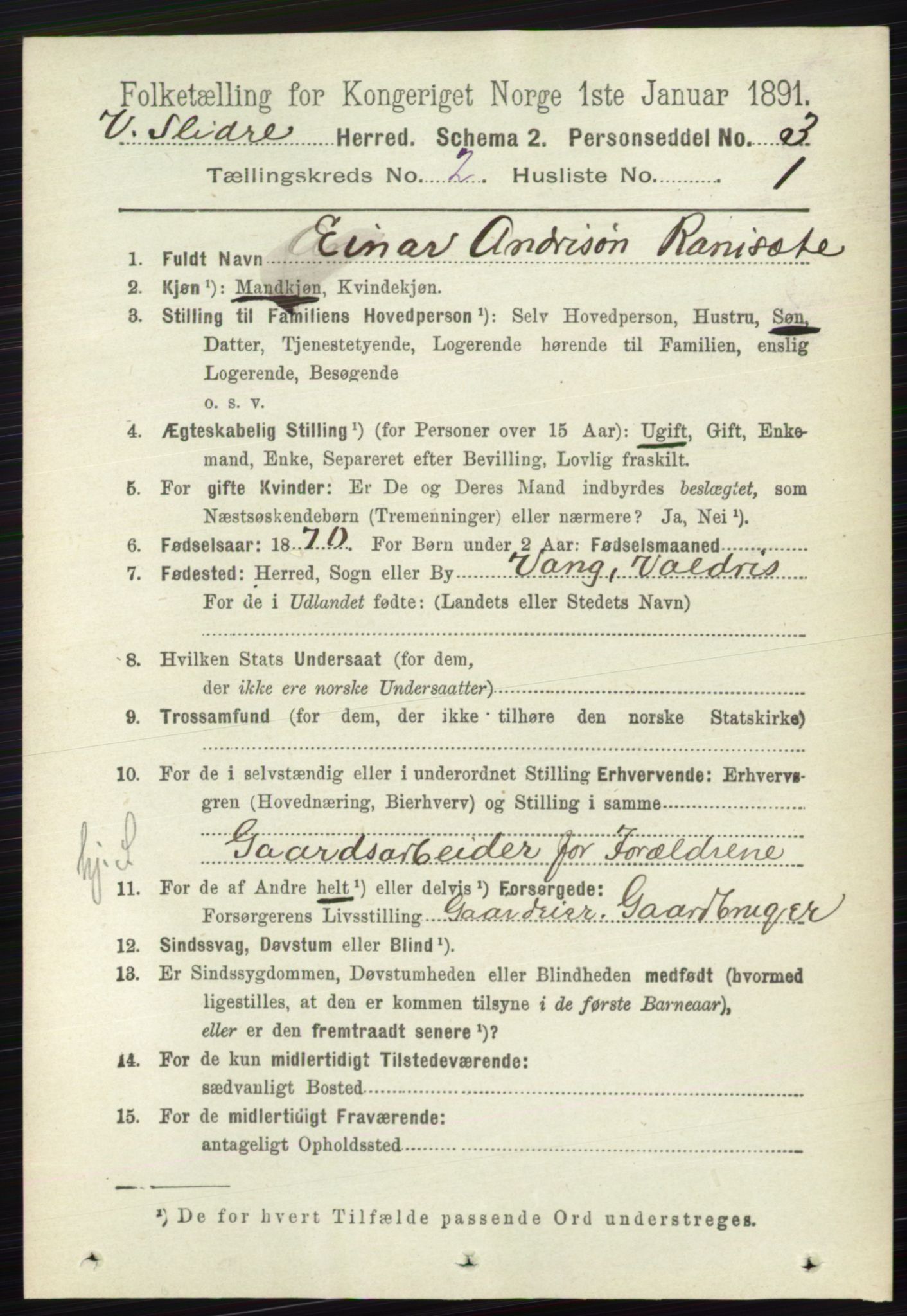 RA, 1891 census for 0543 Vestre Slidre, 1891, p. 506