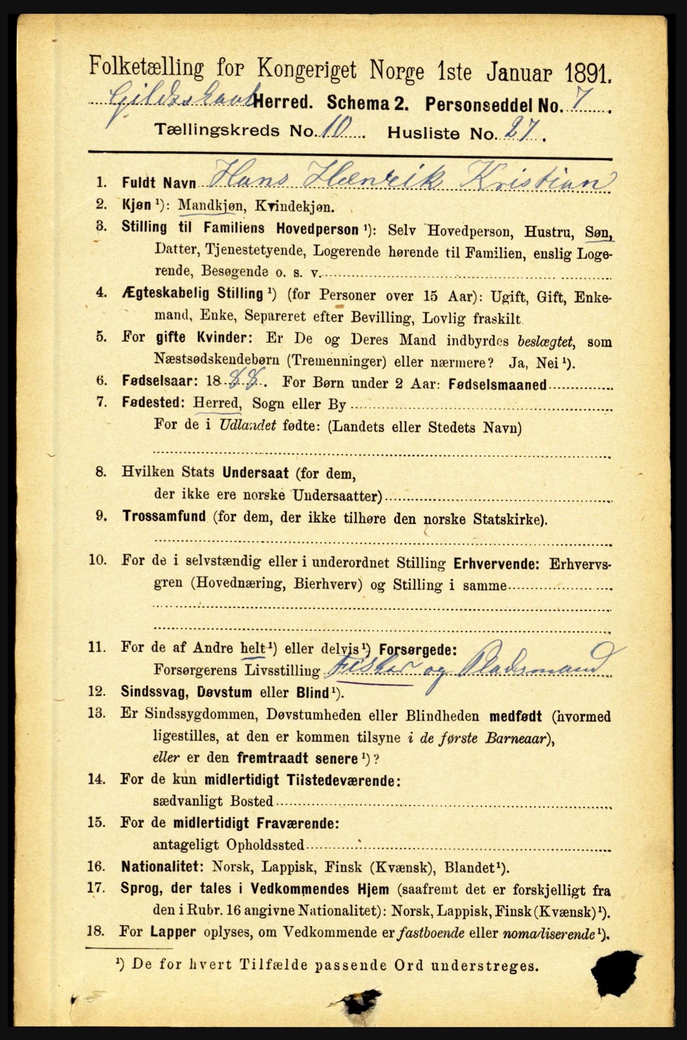 RA, 1891 census for 1838 Gildeskål, 1891, p. 3124