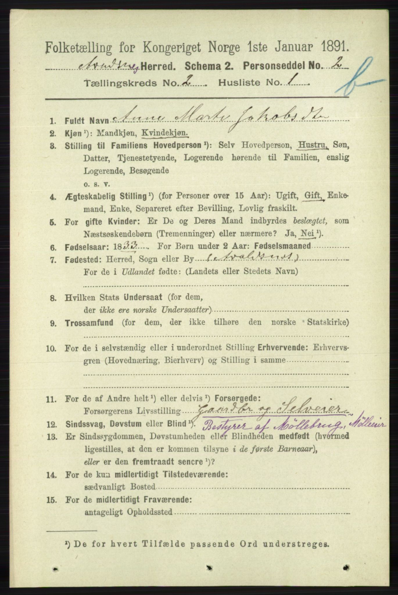 RA, 1891 census for 1147 Avaldsnes, 1891, p. 1989