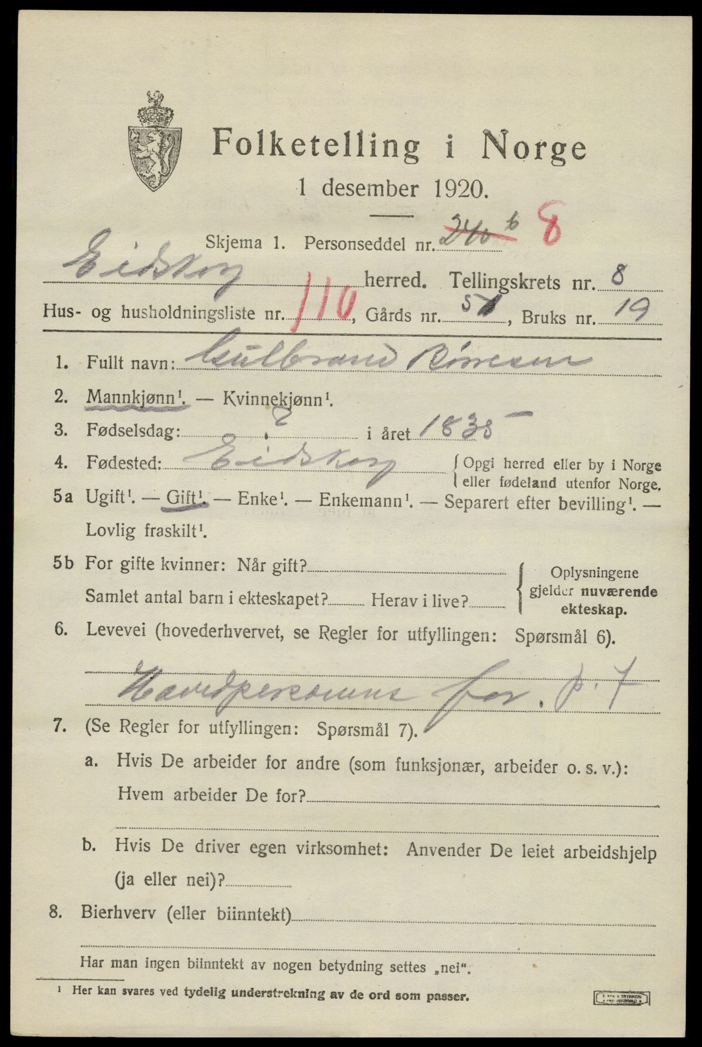 SAH, 1920 census for Eidskog, 1920, p. 10165