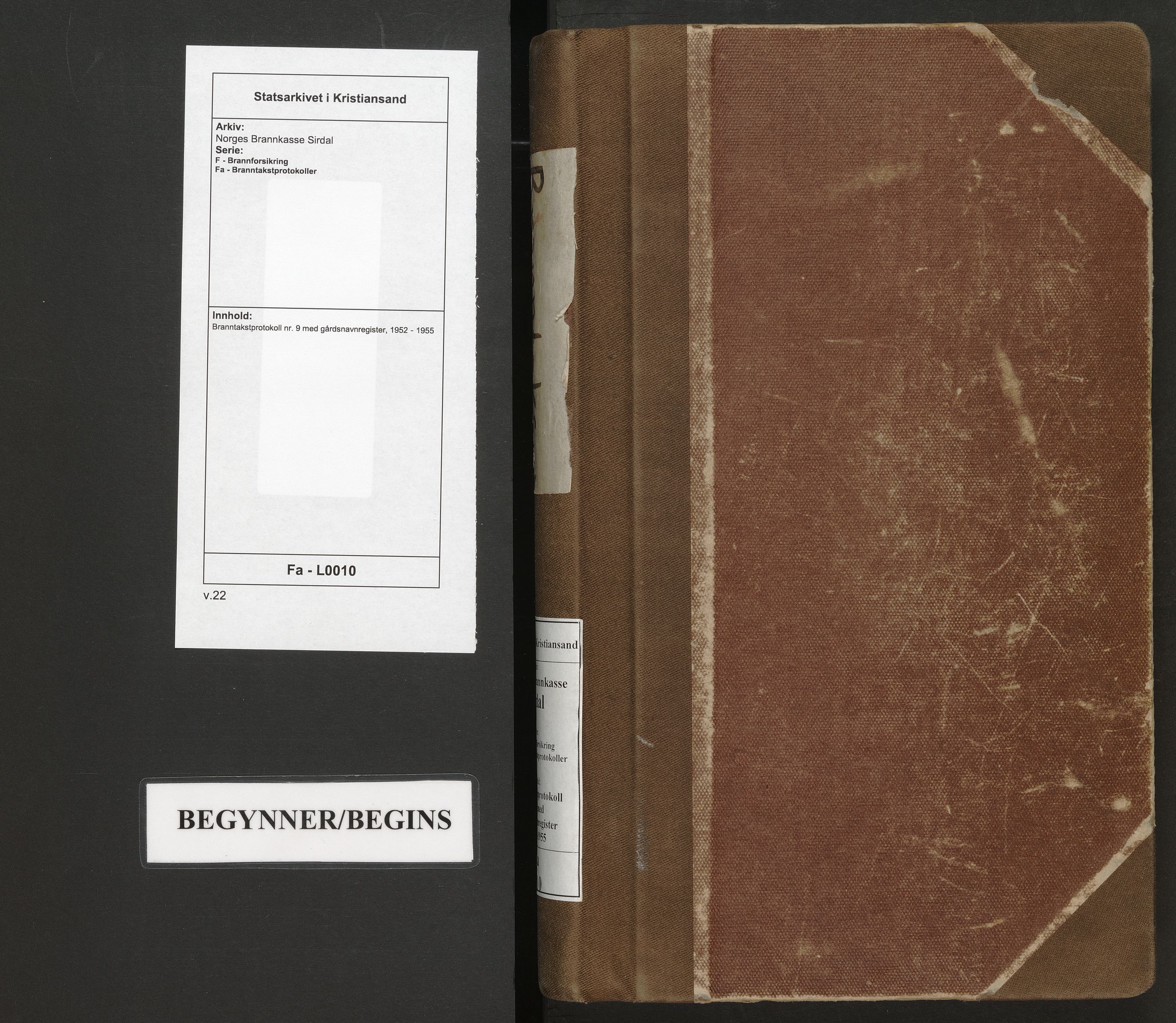 Norges Brannkasse Sirdal, SAK/2241-0044/F/Fa/L0010: Branntakstprotokoll nr. 9 med gårdsnavnregister, 1952-1955