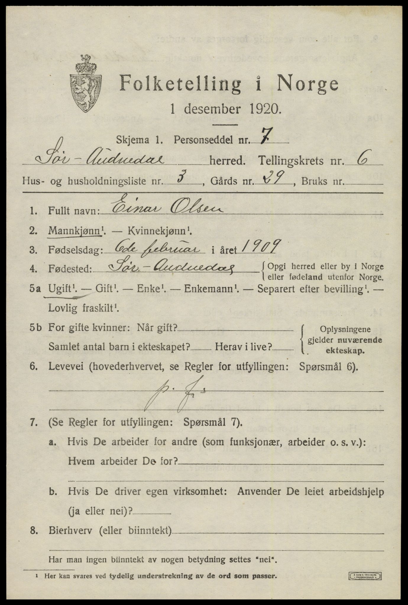 SAK, 1920 census for Sør-Audnedal, 1920, p. 2721