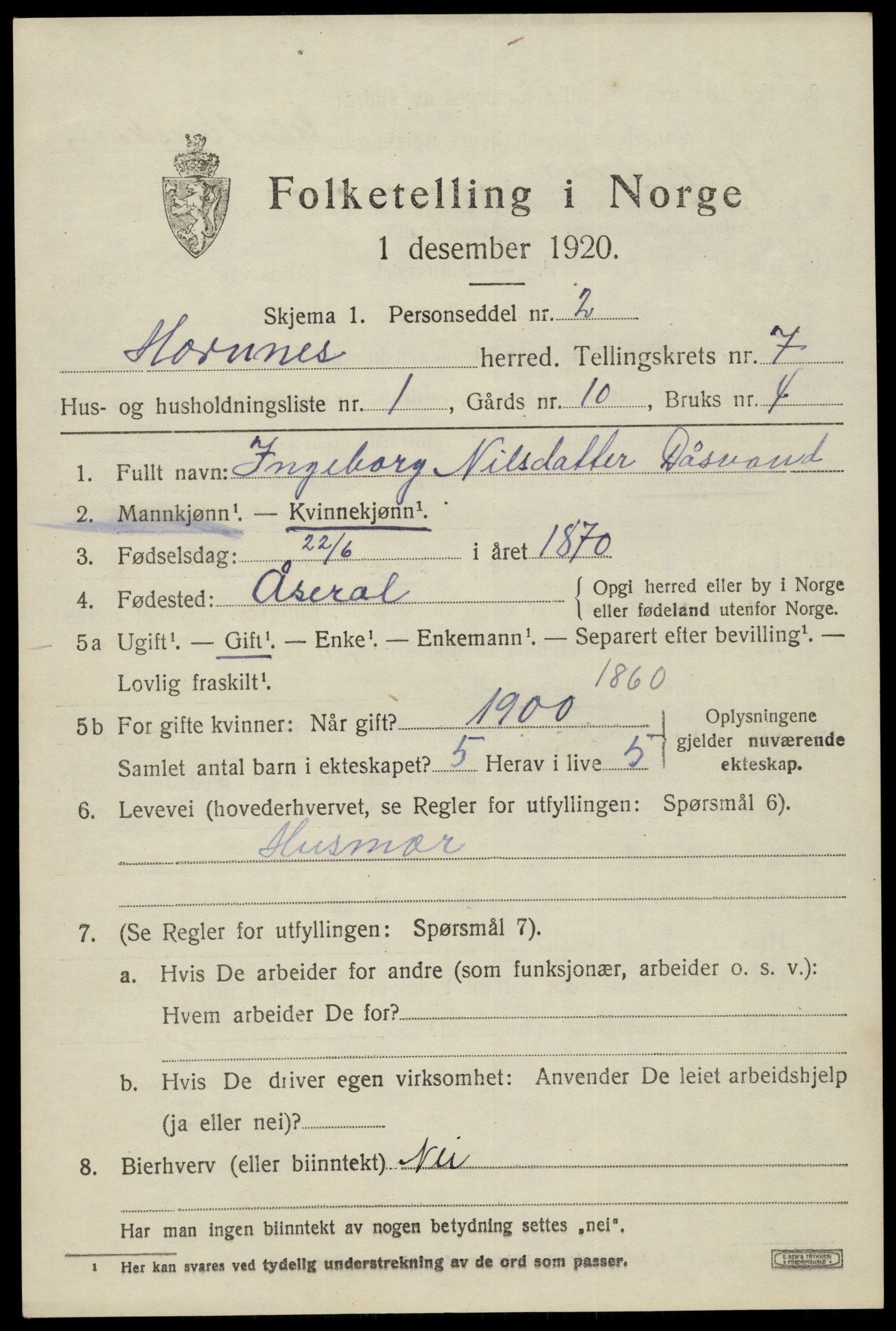 SAK, 1920 census for Hornnes, 1920, p. 1649