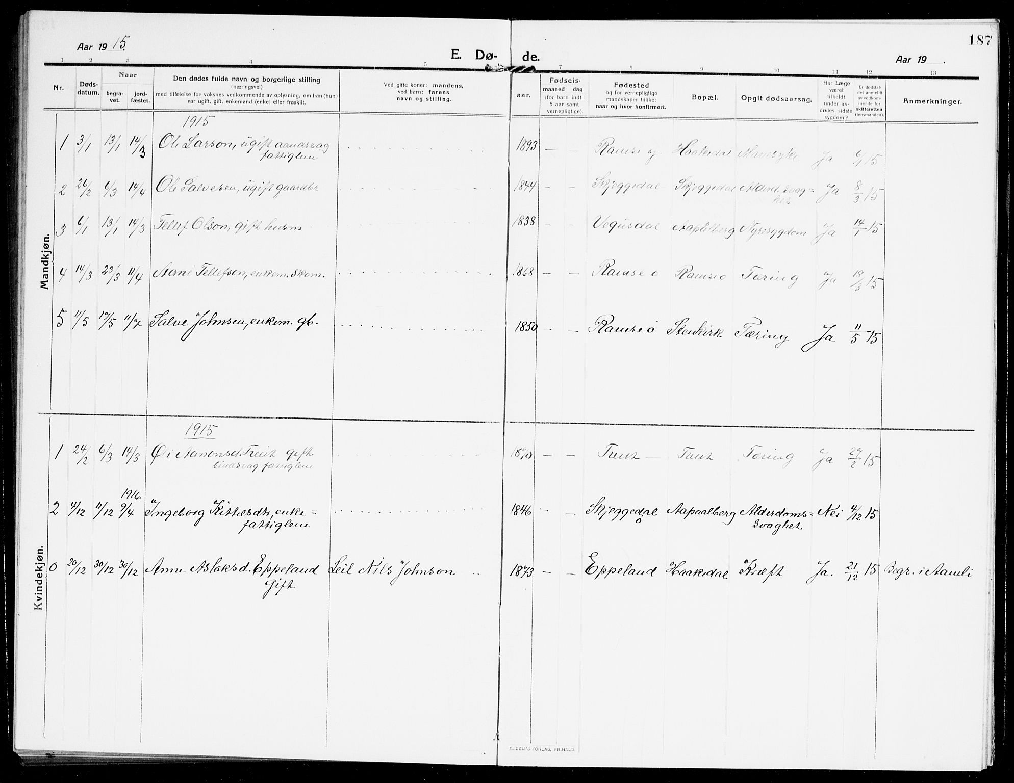 Åmli sokneprestkontor, AV/SAK-1111-0050/F/Fb/Fbb/L0003: Parish register (copy) no. B 3, 1906-1941, p. 187